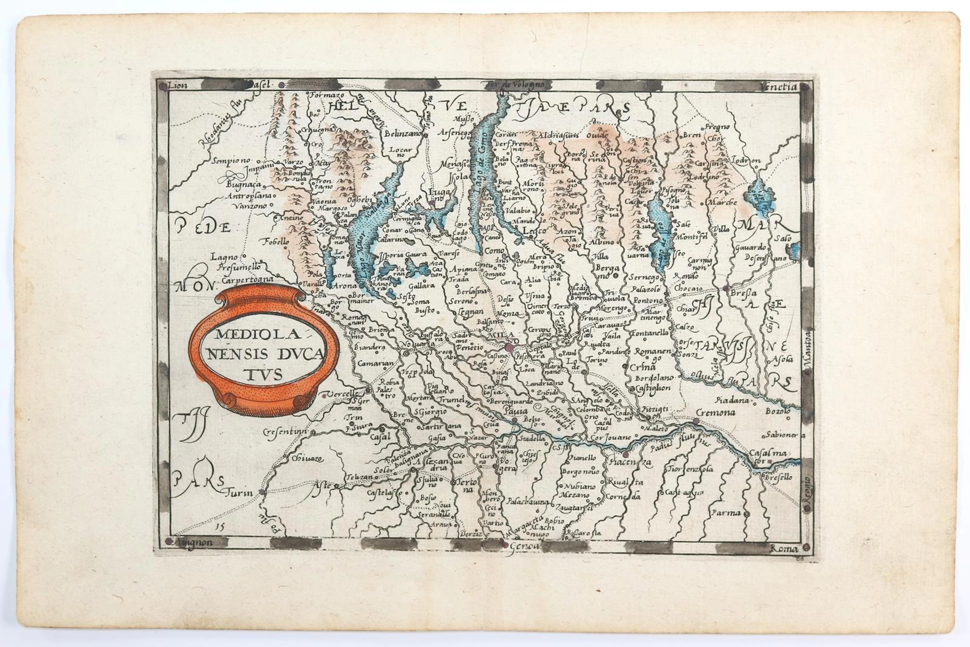 Mailand. Teilkolor. Kupferstichkarte aus "Itinerarium Orbis Christiani".