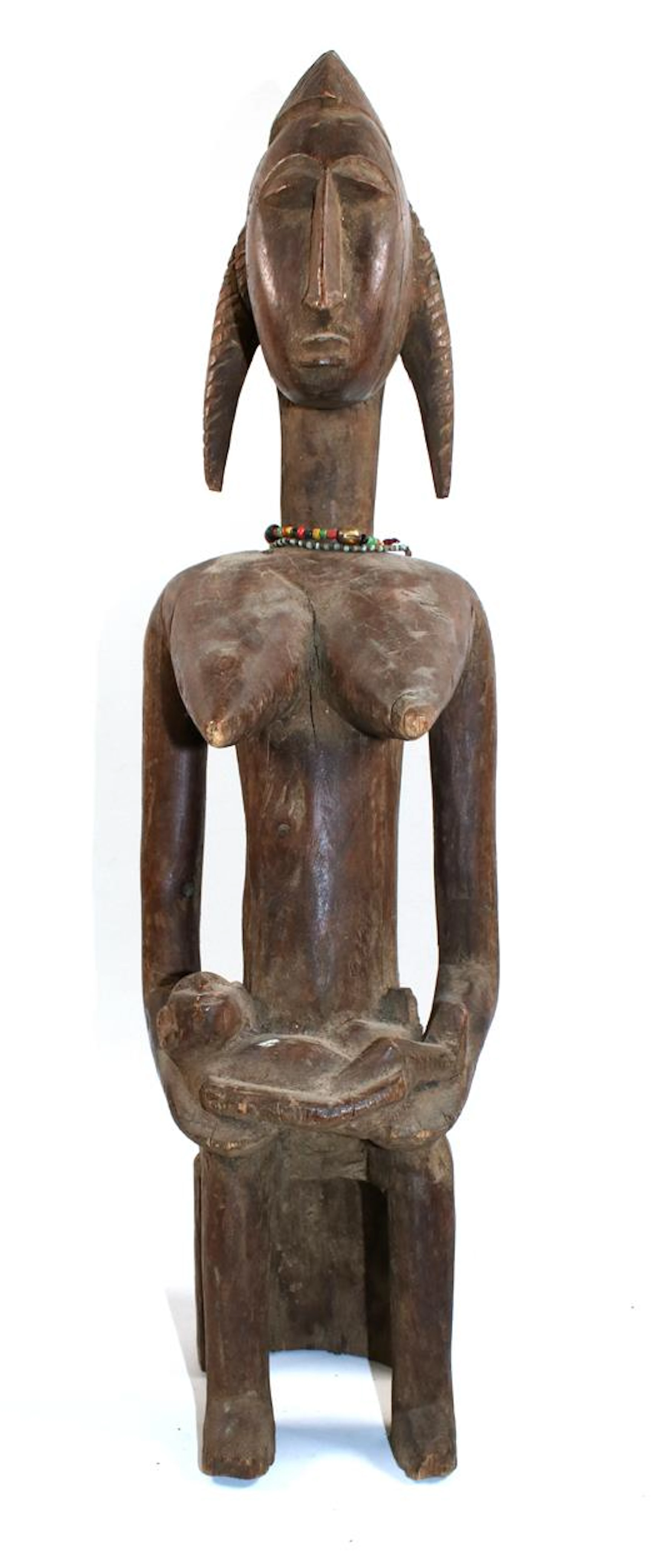 Bambara Mali Mutterfigur mit Kind auf dem Schoß. Spitze Brüste