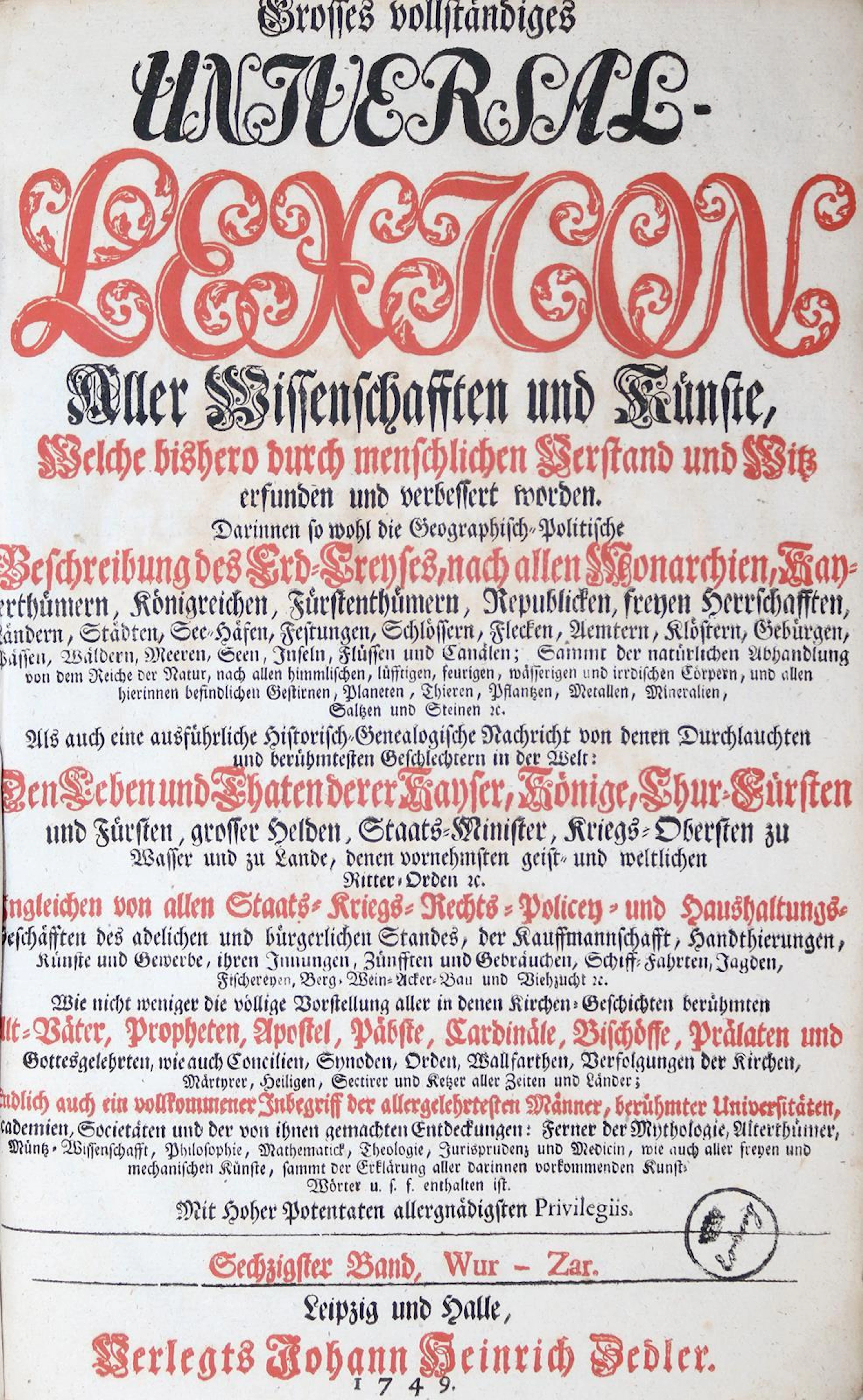 Zedler,J.H. Grosses vollständiges Universal-Lexicon aller Wissenschaften