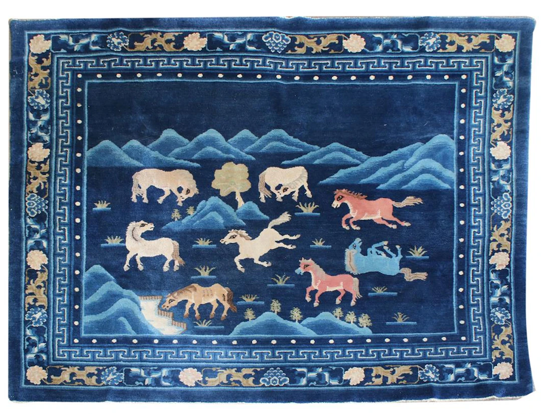 Baotou mit Pferden. Alt. China/Mongolei. Wolle. Teppich mit 8 Pferden