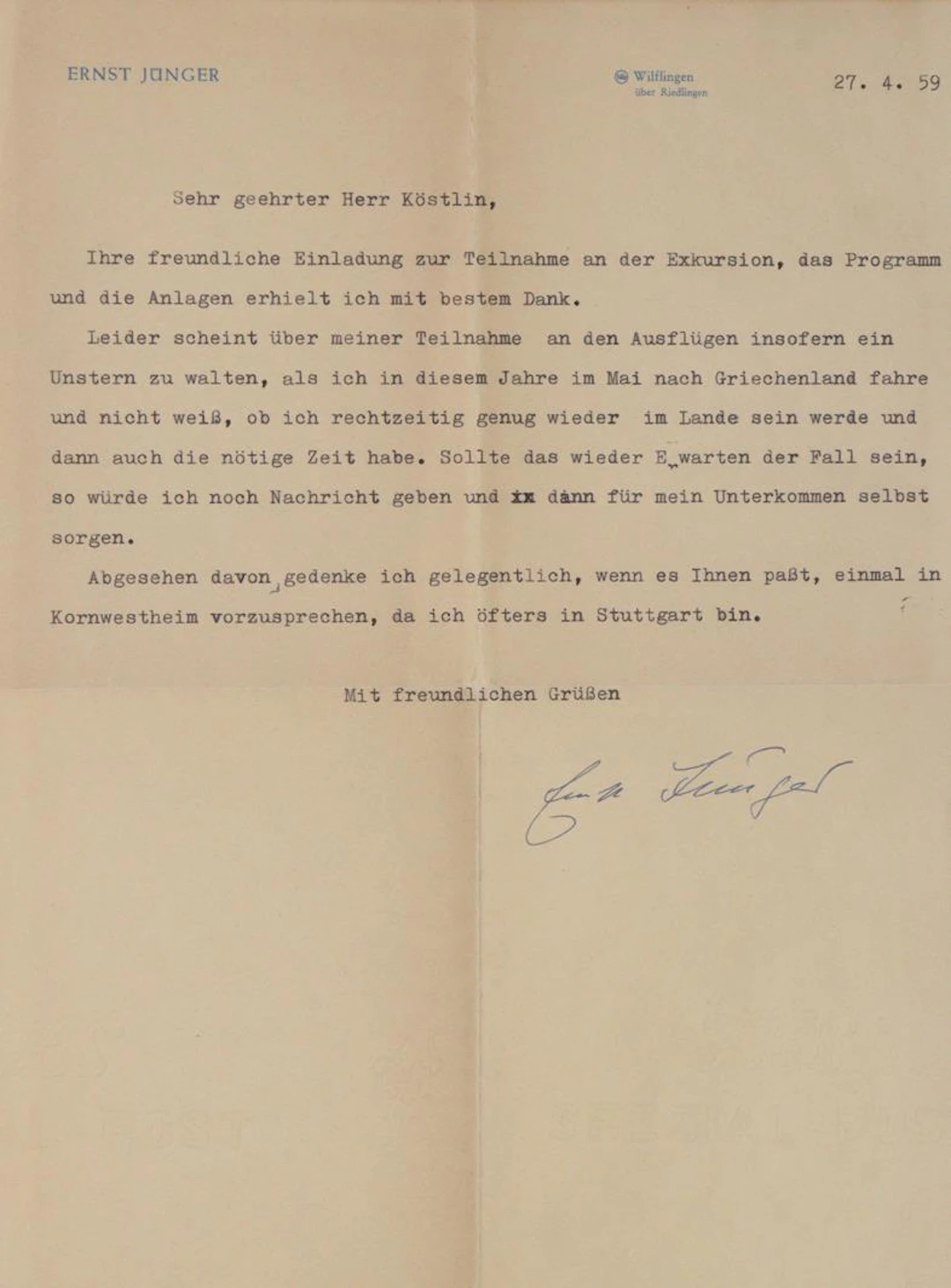 Jünger, Ernst, (1895-1998). Eh. Postkarte mit Unterschr.