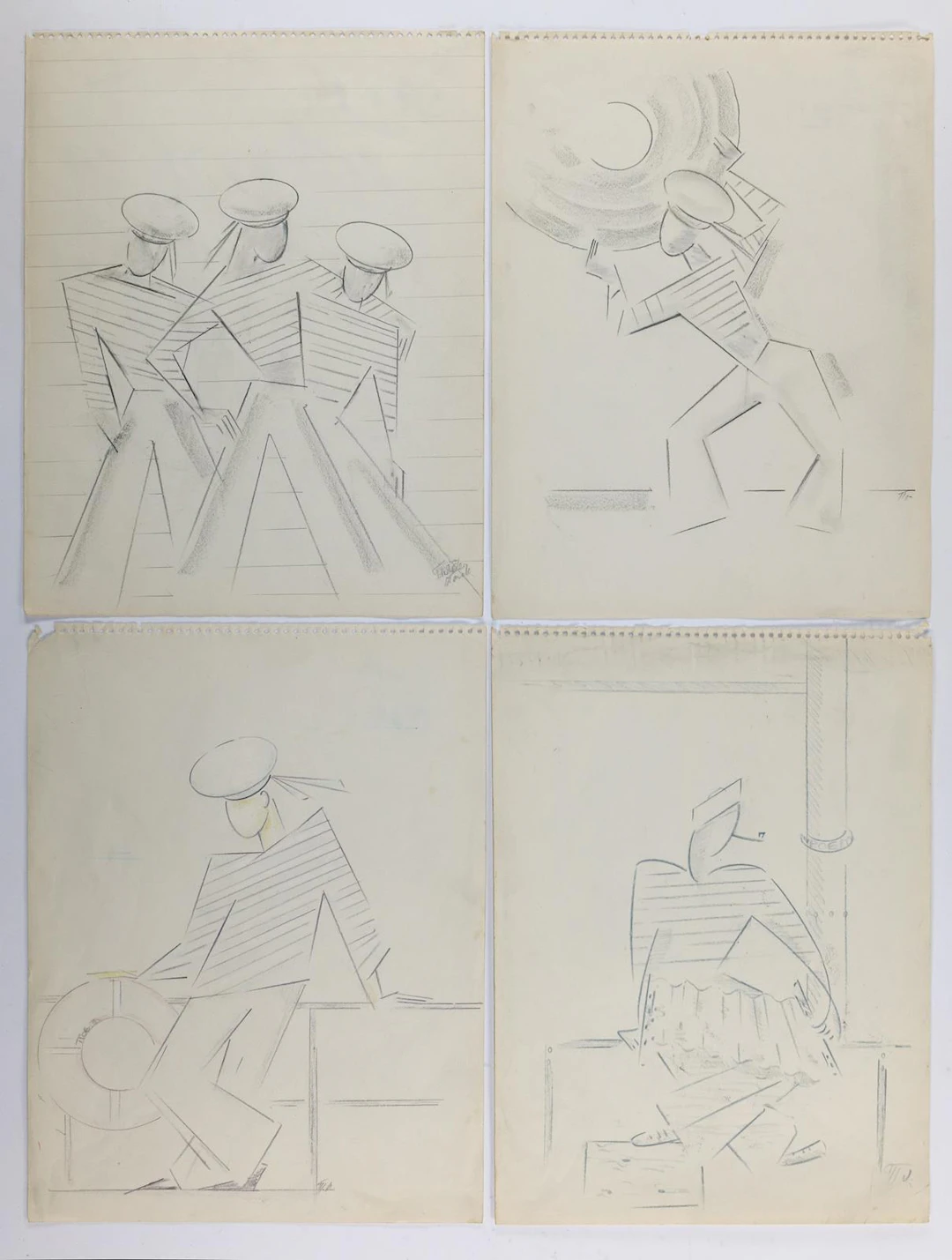 Bühnenbild. Musizierende Matrosen. 6 Zeichnungen eines anonymen sowjetischen