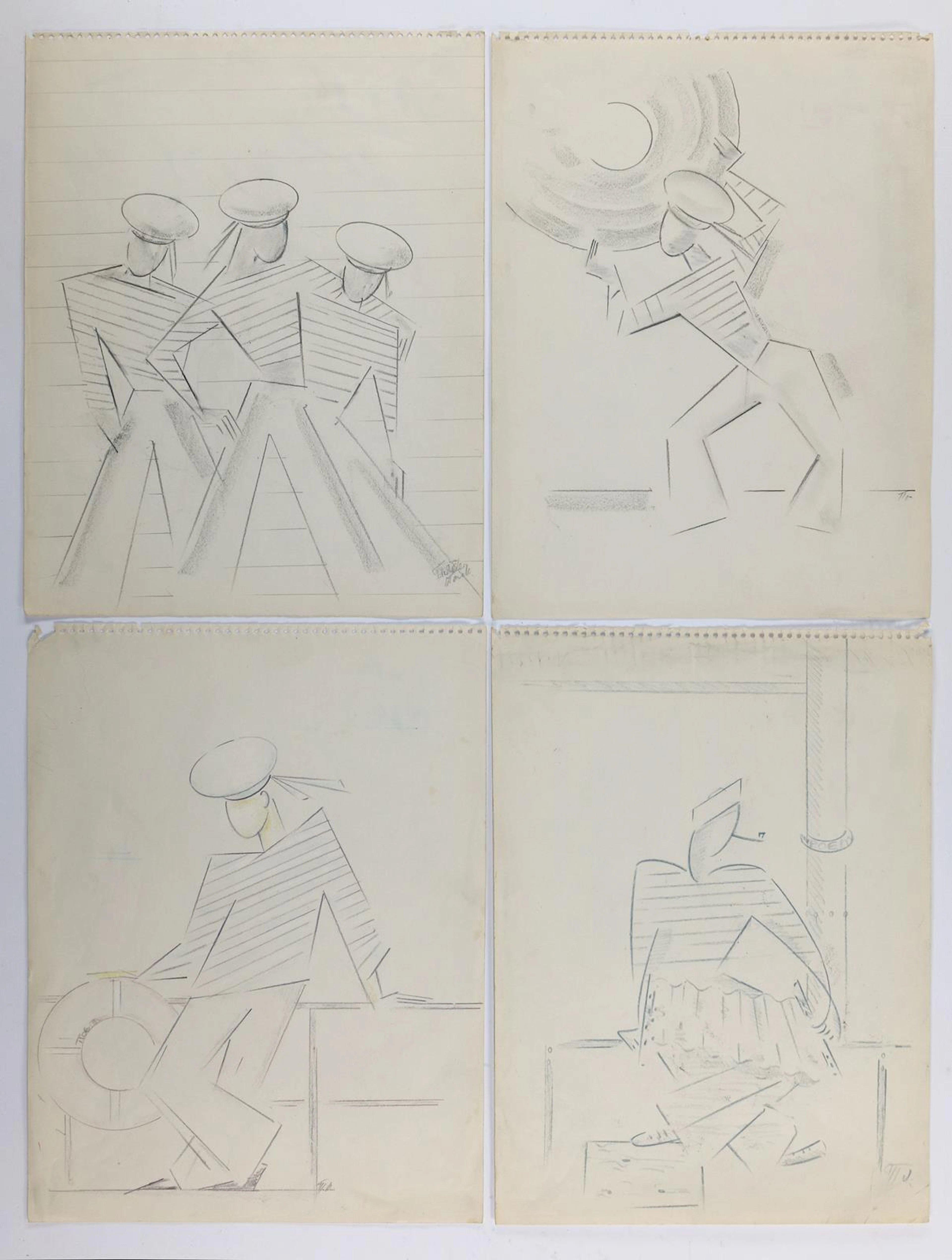 Bühnenbild. Musizierende Matrosen. 6 Zeichnungen eines anonymen sowjetischen