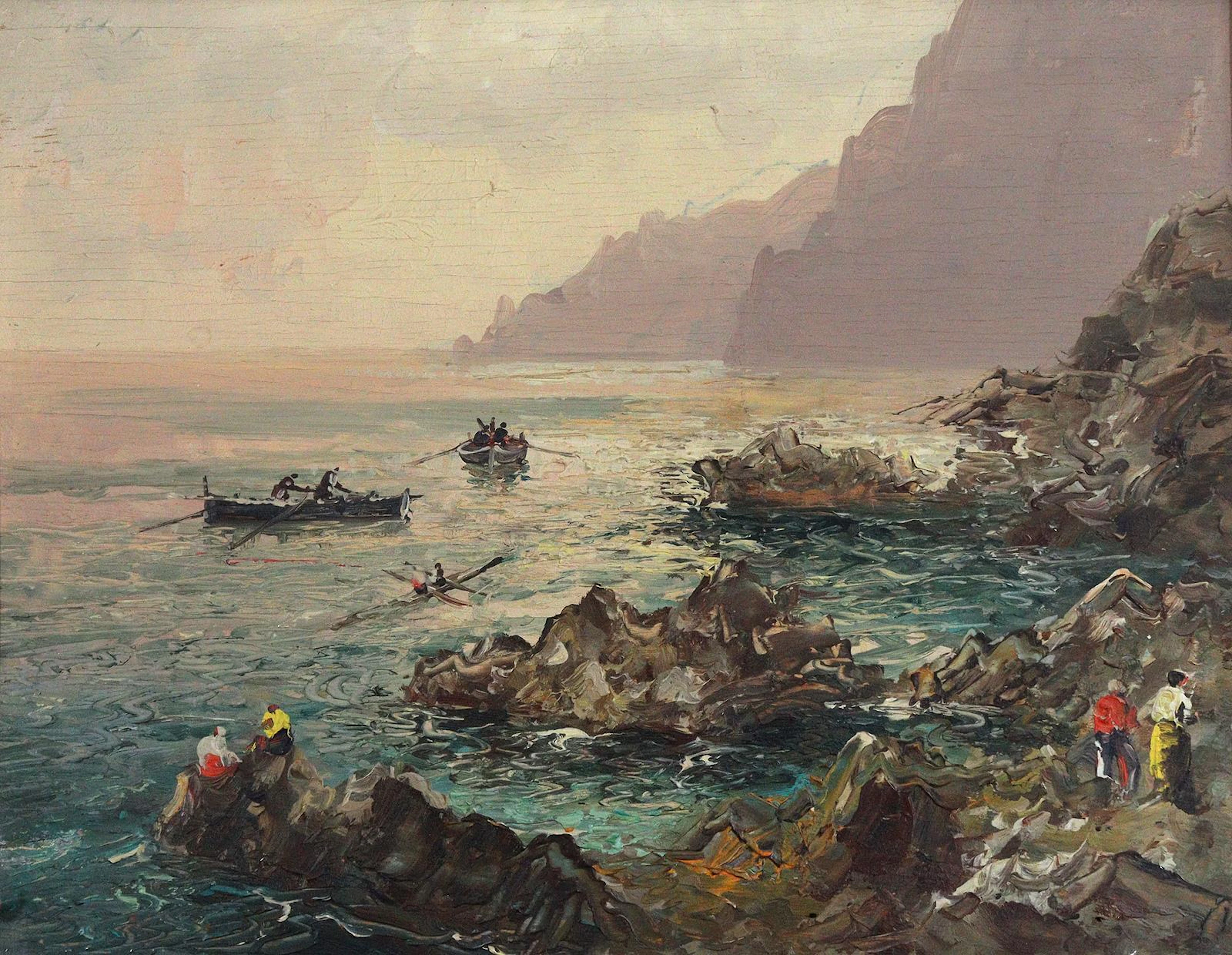 Capri. Felsenküste mit Ruderern. Öl auf Holz. Verso bez.