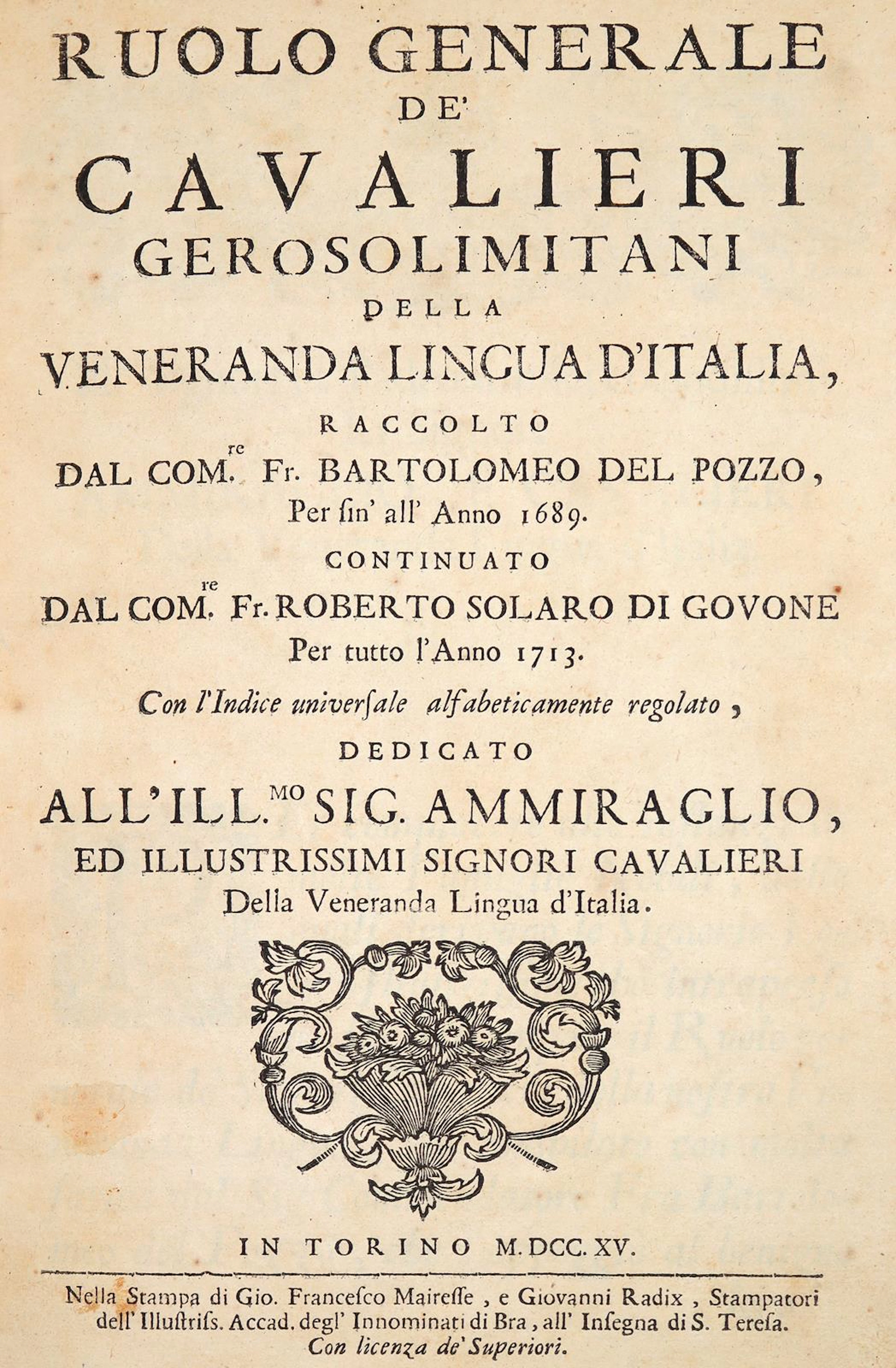 Dal Pozzo,B. Ruolo generale de' Cavalieri Gerosolimitani della Veneranda