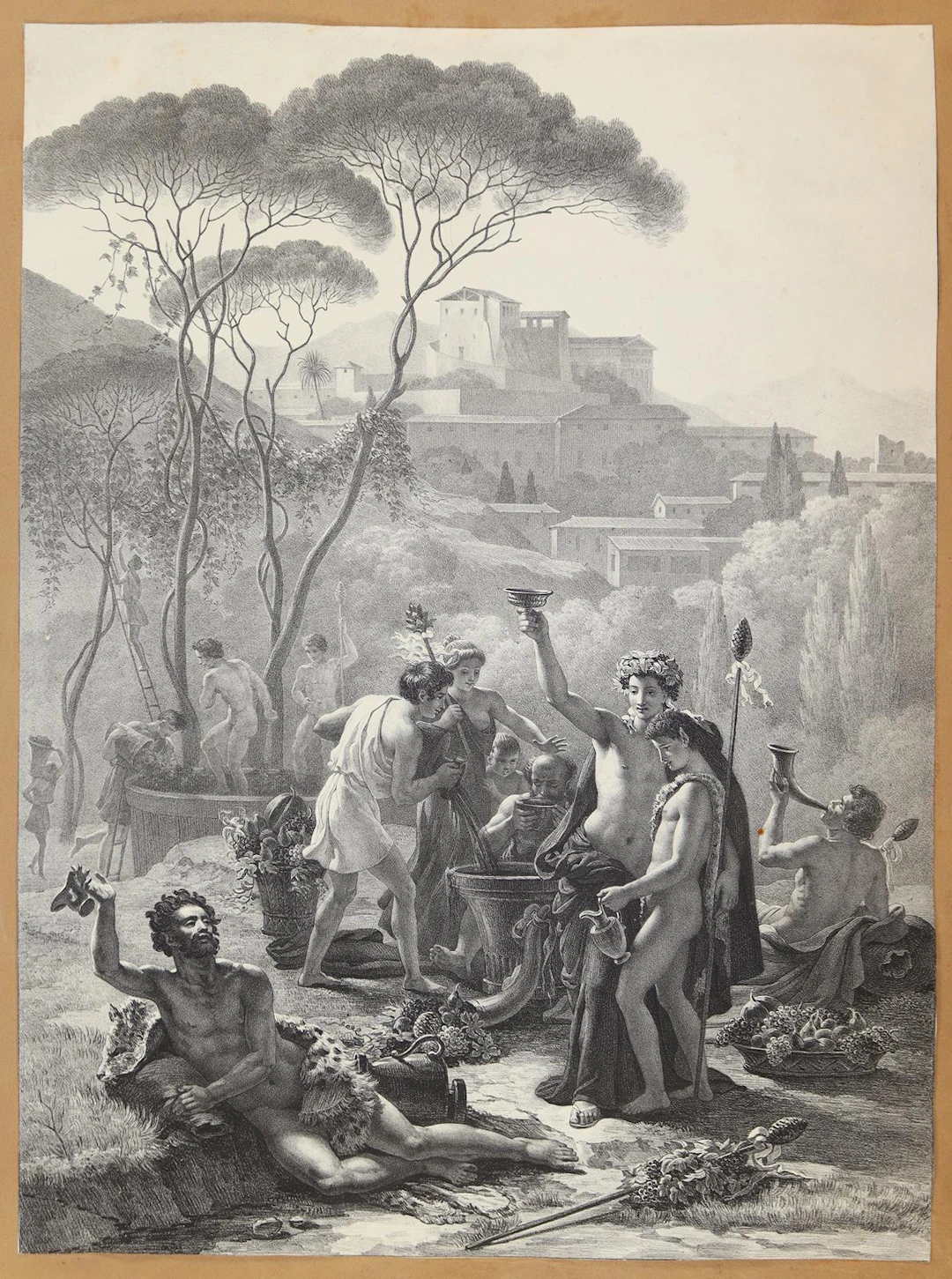 Mythologie. Bacchanalien mit Weinlese und Traubenpressung