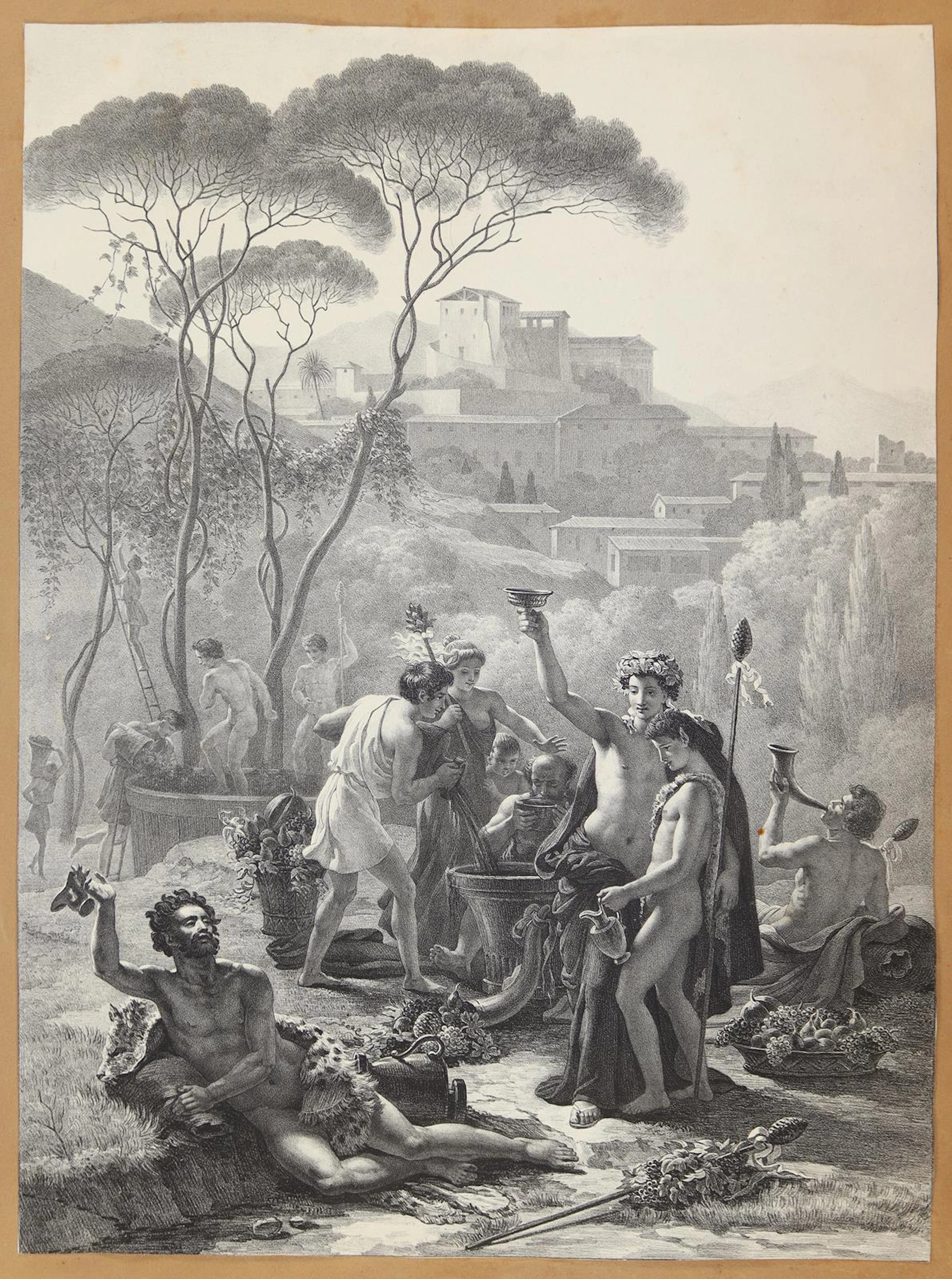 Mythologie. Bacchanalien mit Weinlese und Traubenpressung