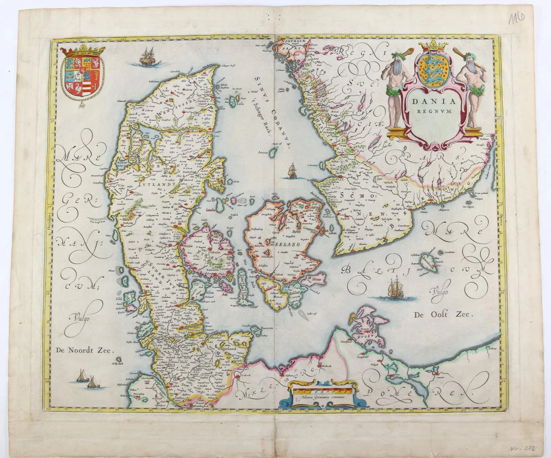 Dänemark. Dania regnum. Altkolor. Kupferstichkarte. Bei Blauew