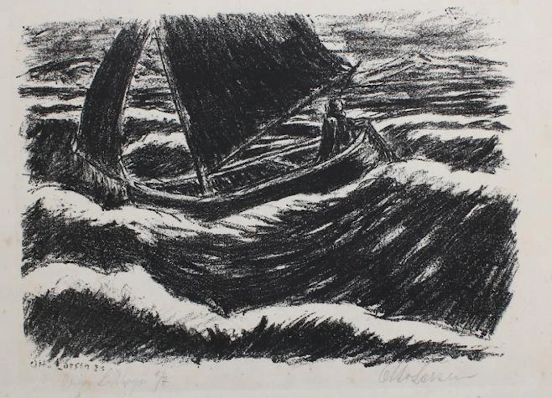 Larsen, Otto (1889 Hannover - Hamburg). Sturm in den Dünen: Radierung. 15 x 21