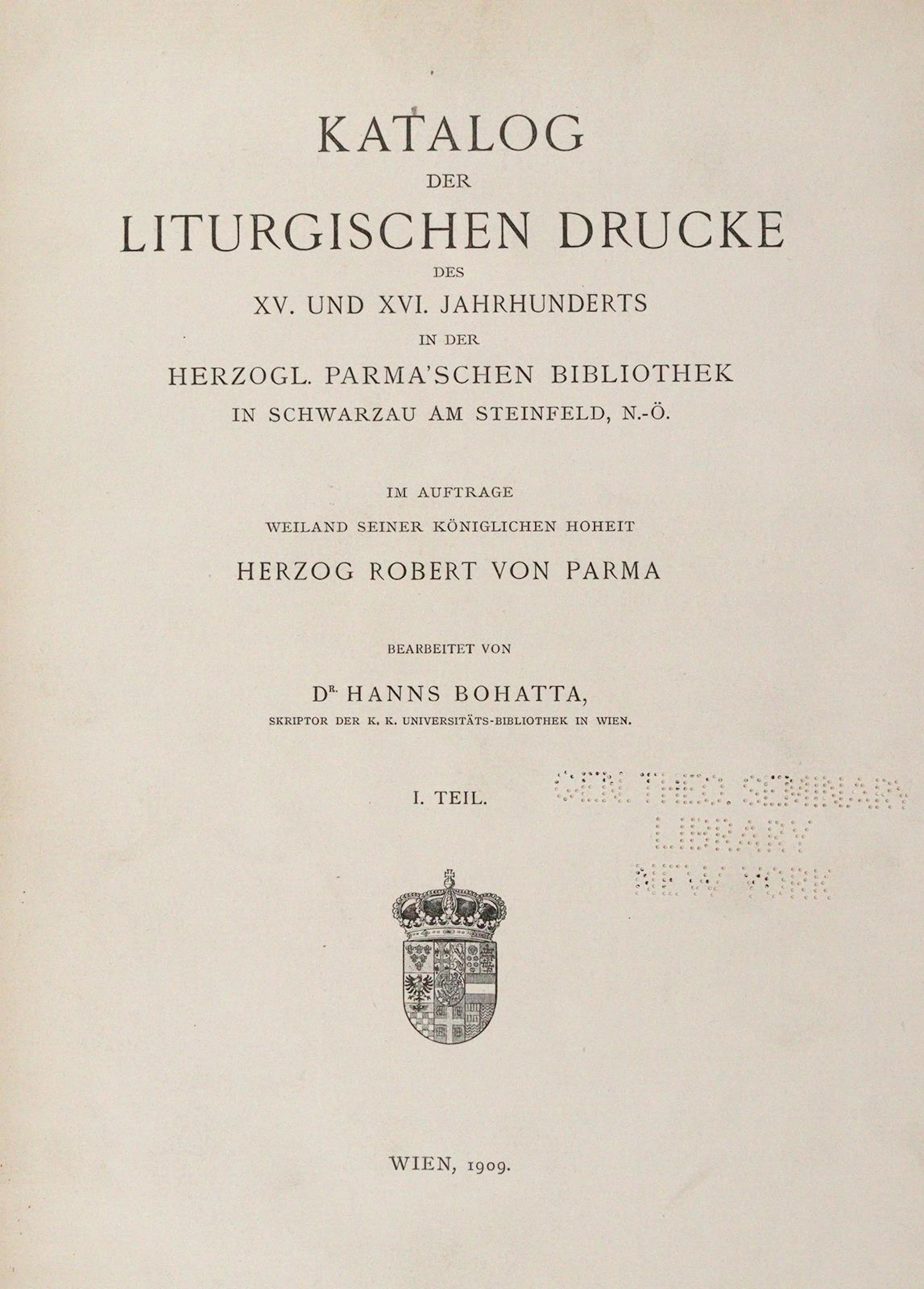 Bohatta,H. Katalog der liturgischen Drucke des XV. und XVI. Jahrhunderts