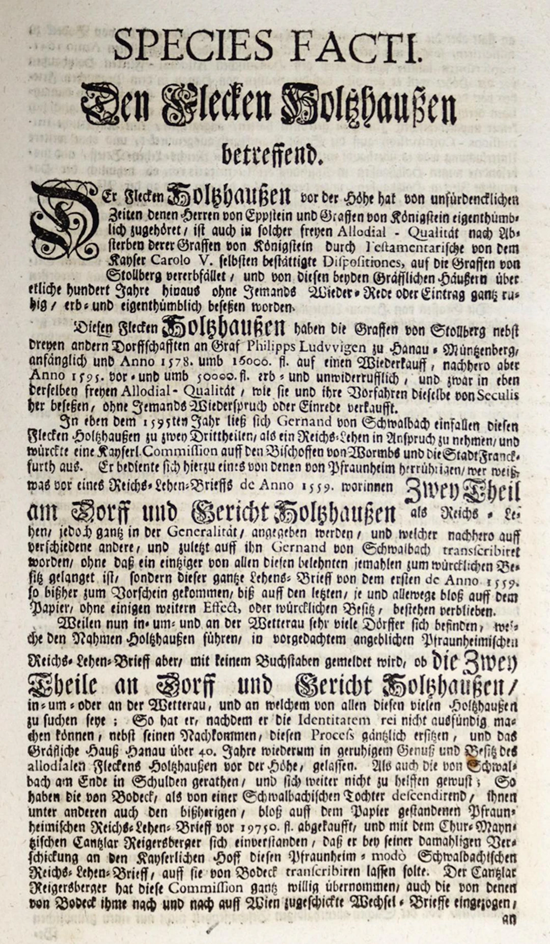 Species Facti. Den Flecken Holtzhaußen betreffend