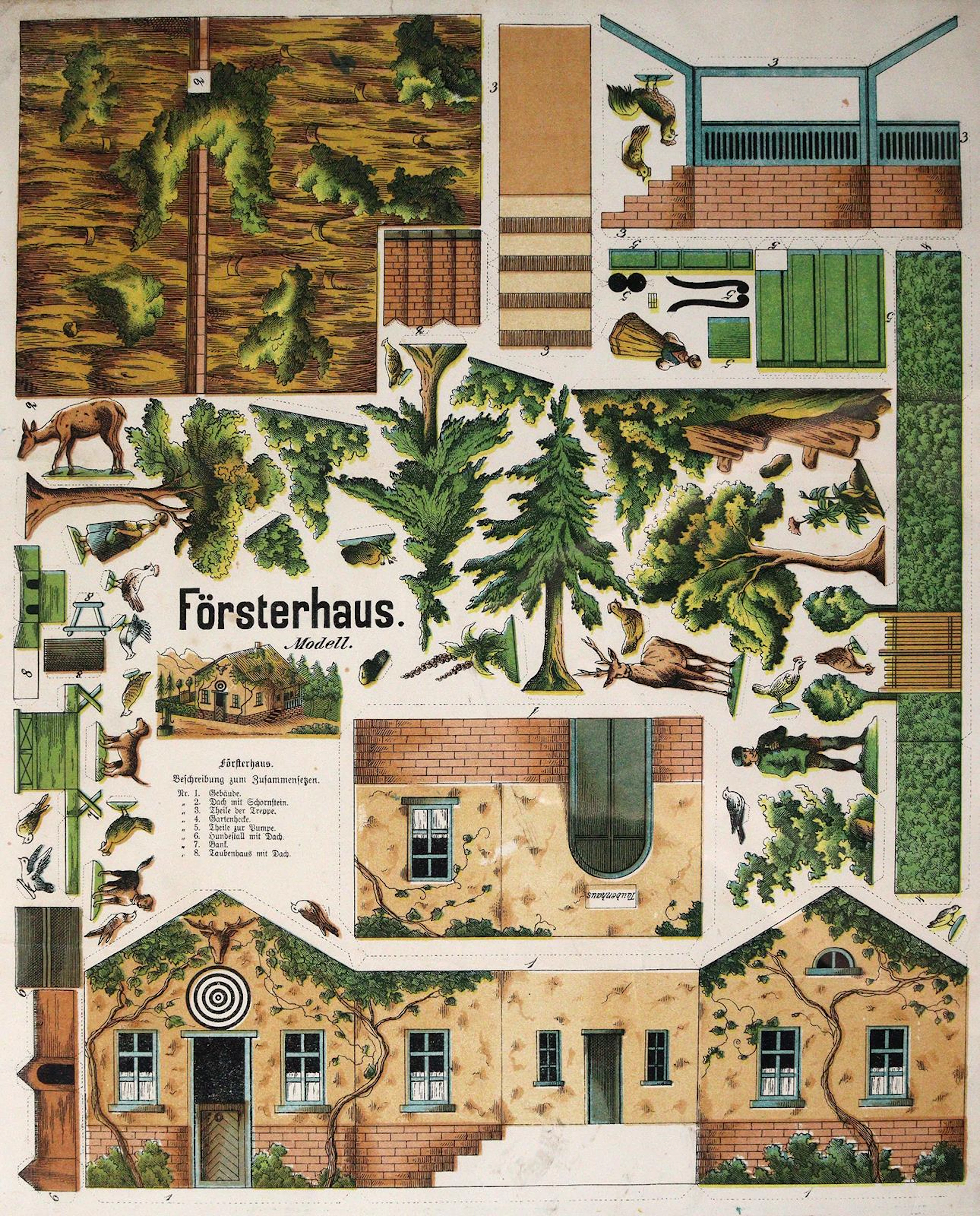 Ausschneidebögen. "Die Menagerie" und "Försterhaus". 2 Bl. Ausschneidebögen