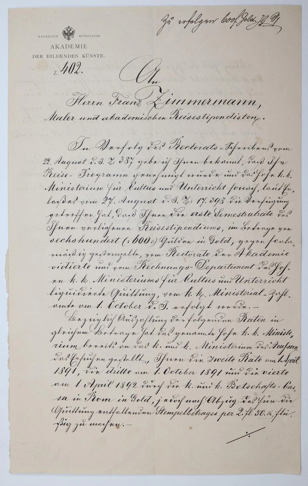 Zimmermann, Franz (1864 Linz - Wien 1956). Konvolut von 12 Zeugnissen