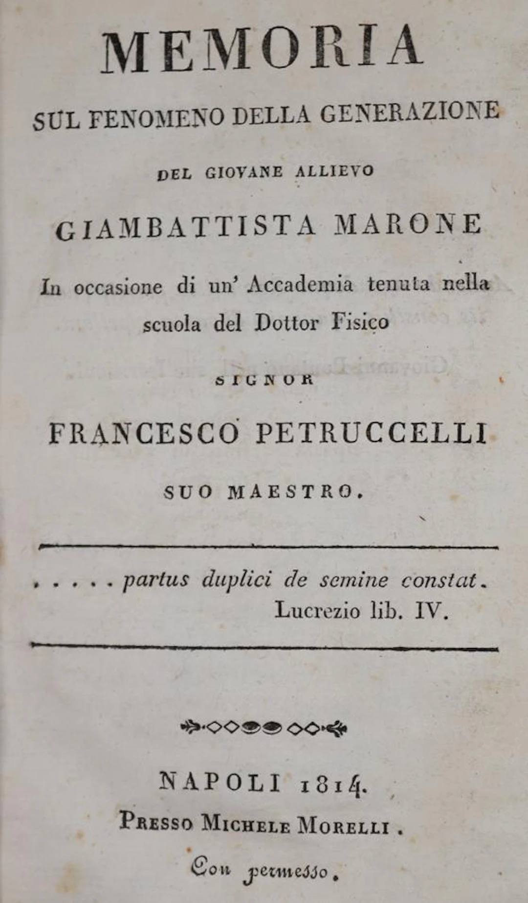 Marone,G. Memoria sul fenomeno della generazione. Neapel