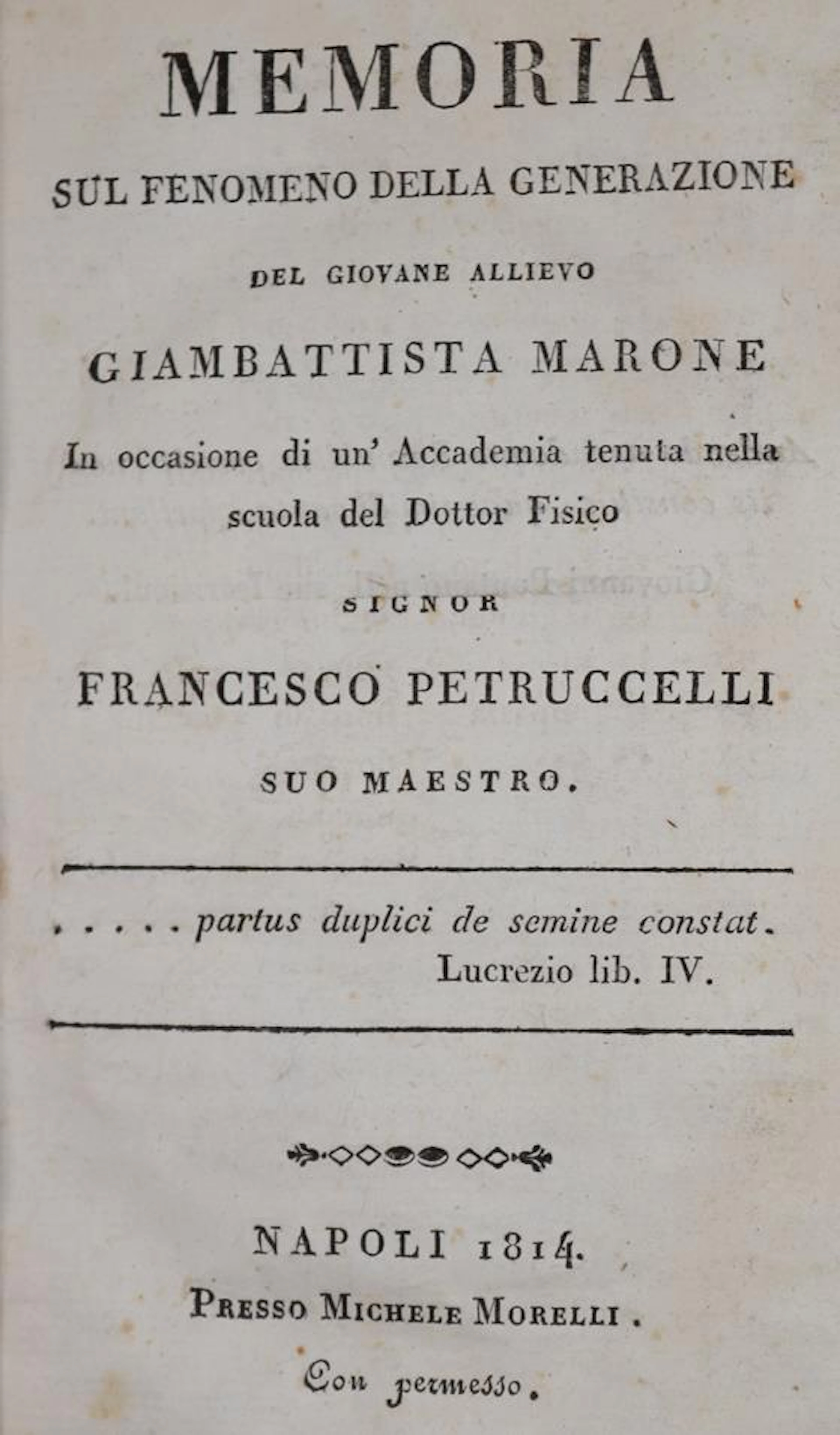 Marone,G. Memoria sul fenomeno della generazione. Neapel