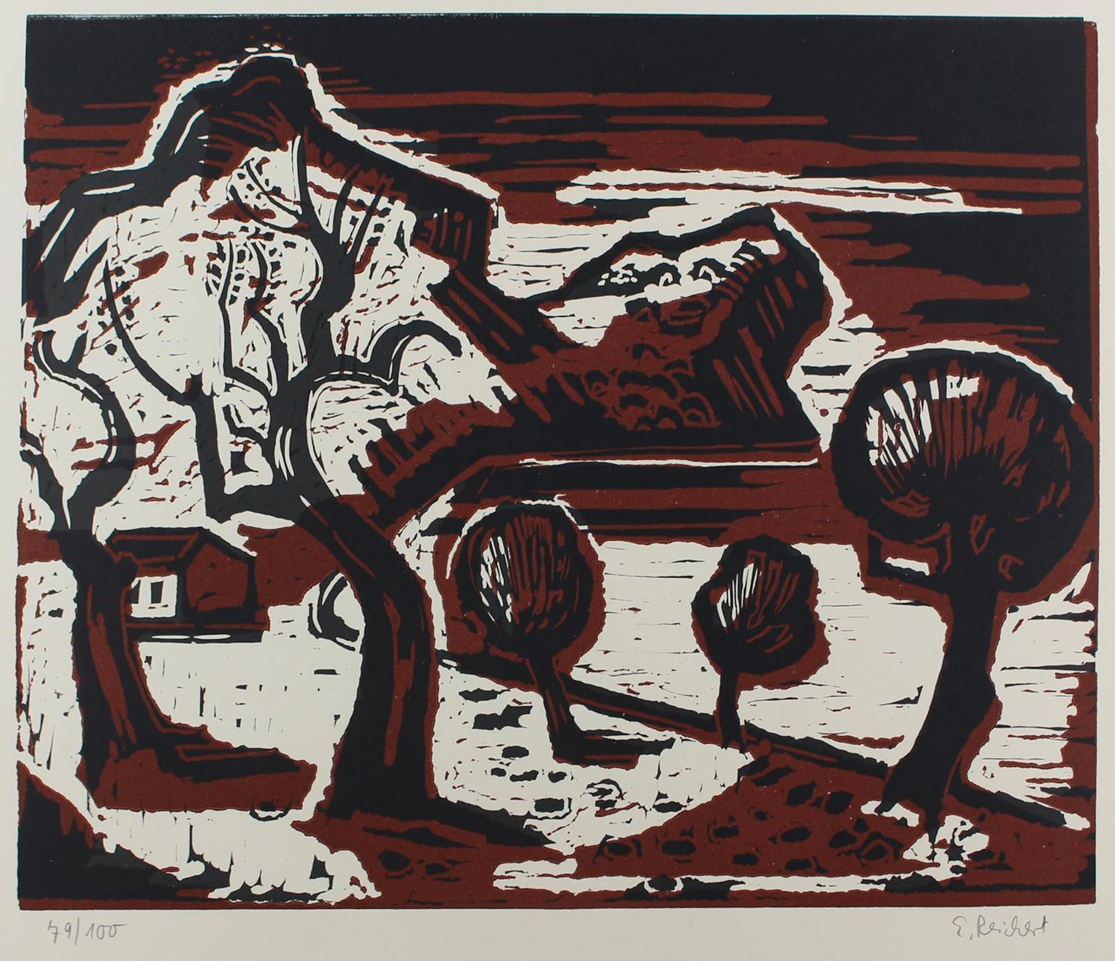 Reichert, Edith (1924-2013). Landschaft mit Bäumen u. Haus. Farbholzschnitt. 33
