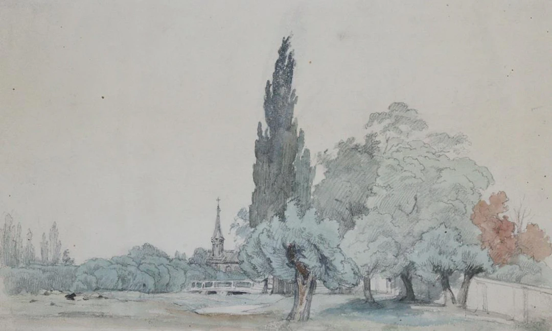 Danhauser, Josef (1805 Wien 1845). Kirche in der Landschaft. Aquarell