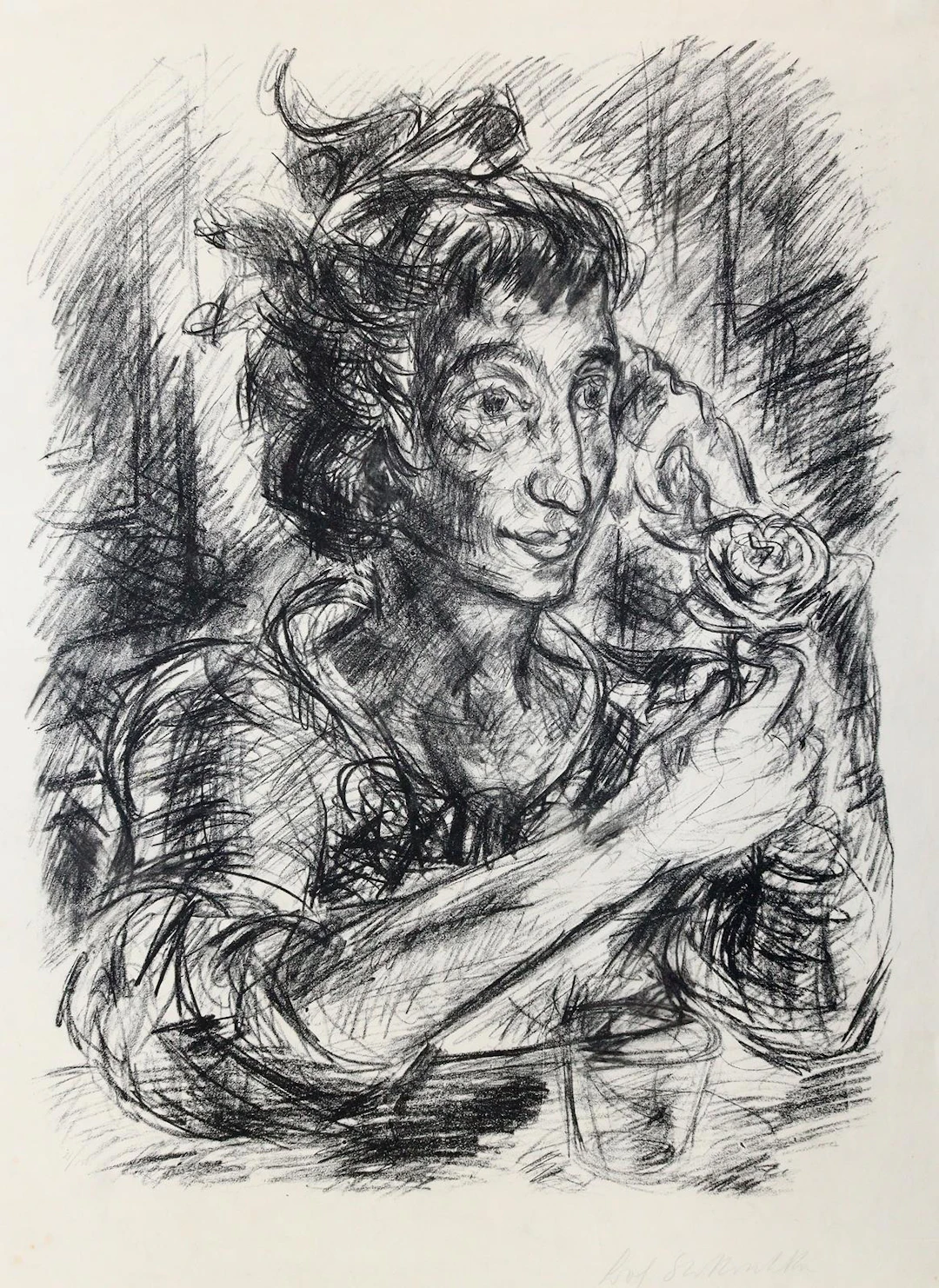 Kokoschka, Bohuslav (1892 Wien 1976). Frau mit einer Rose. Lithogr.