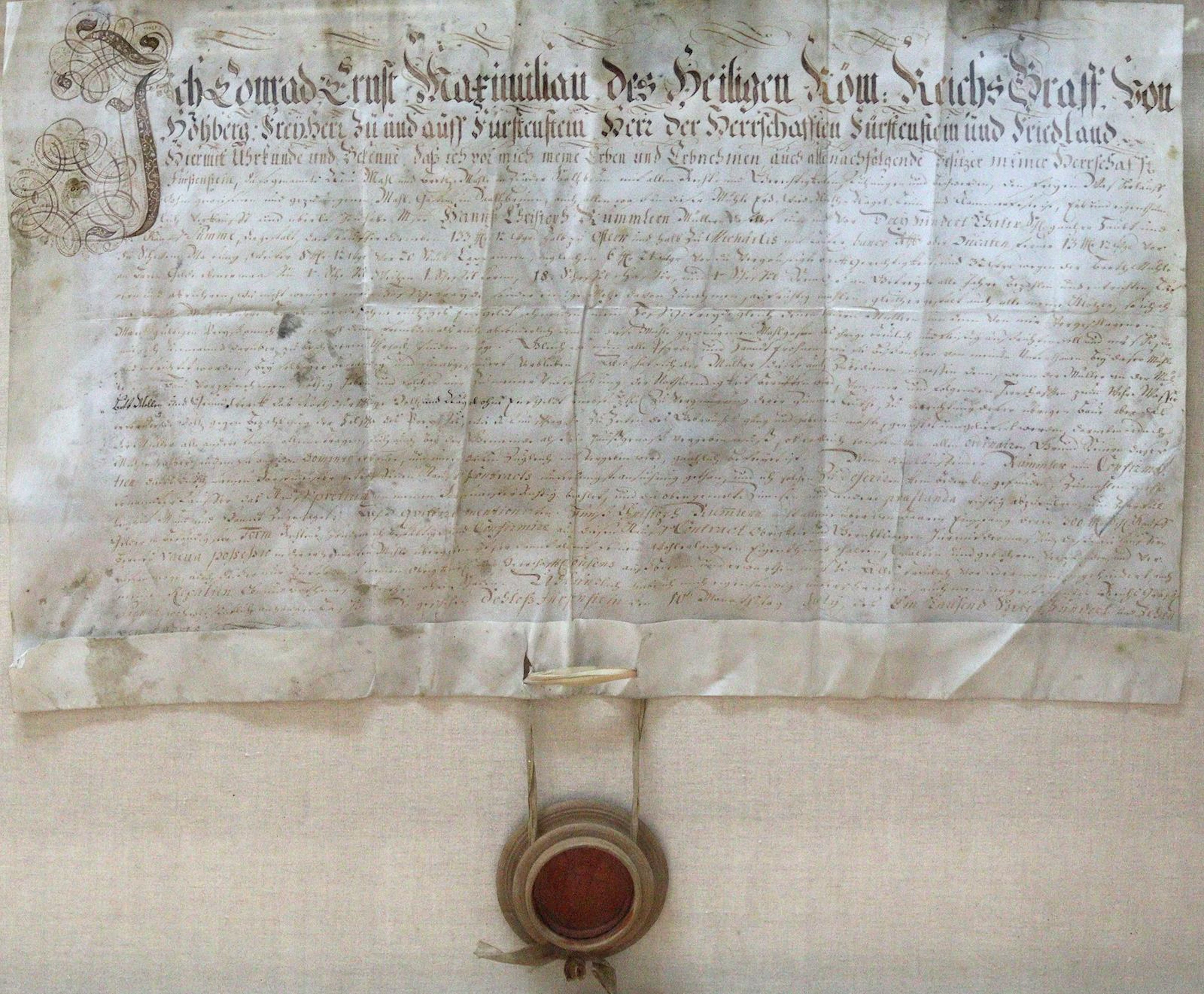 Urkunde zur Regelung der Erbschaft des Conrad Ernst Maximilian Graf