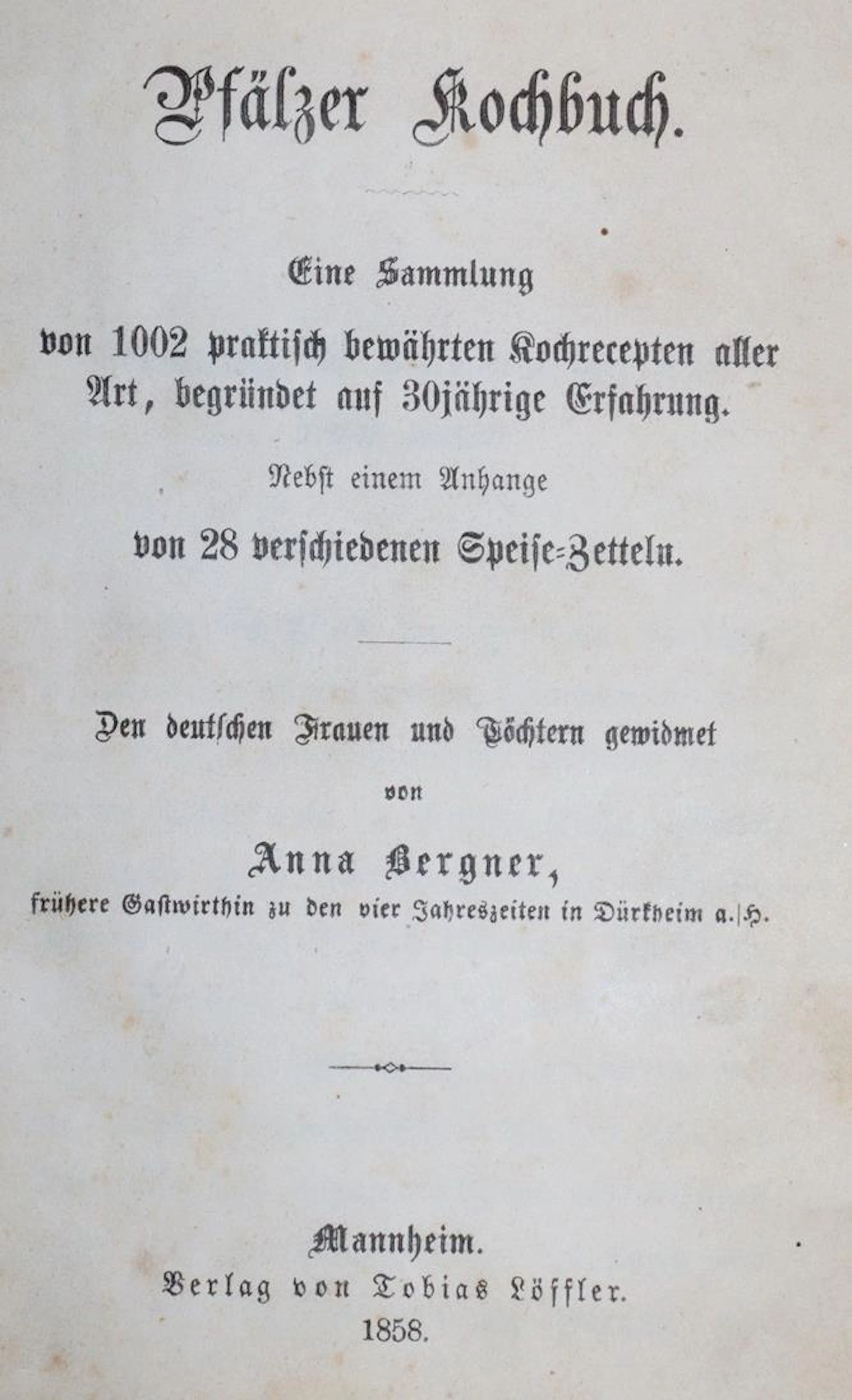 Bergner,A. Pfälzer Kochbuch. Eine Sammlung von 1002 praktisch bewährten