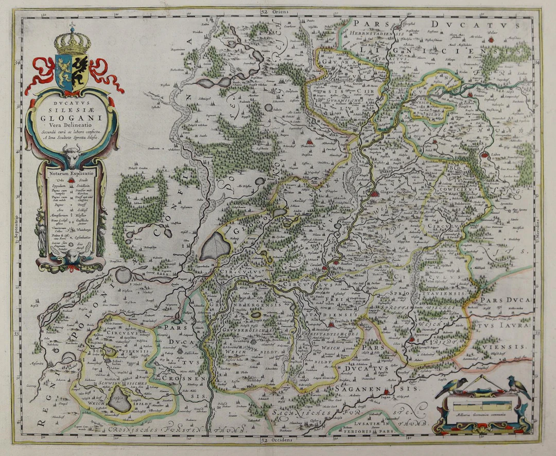Schlesien. Ducatus Silesiae Glogani vera desciptio. Altkolor. Kupferstichkarte.