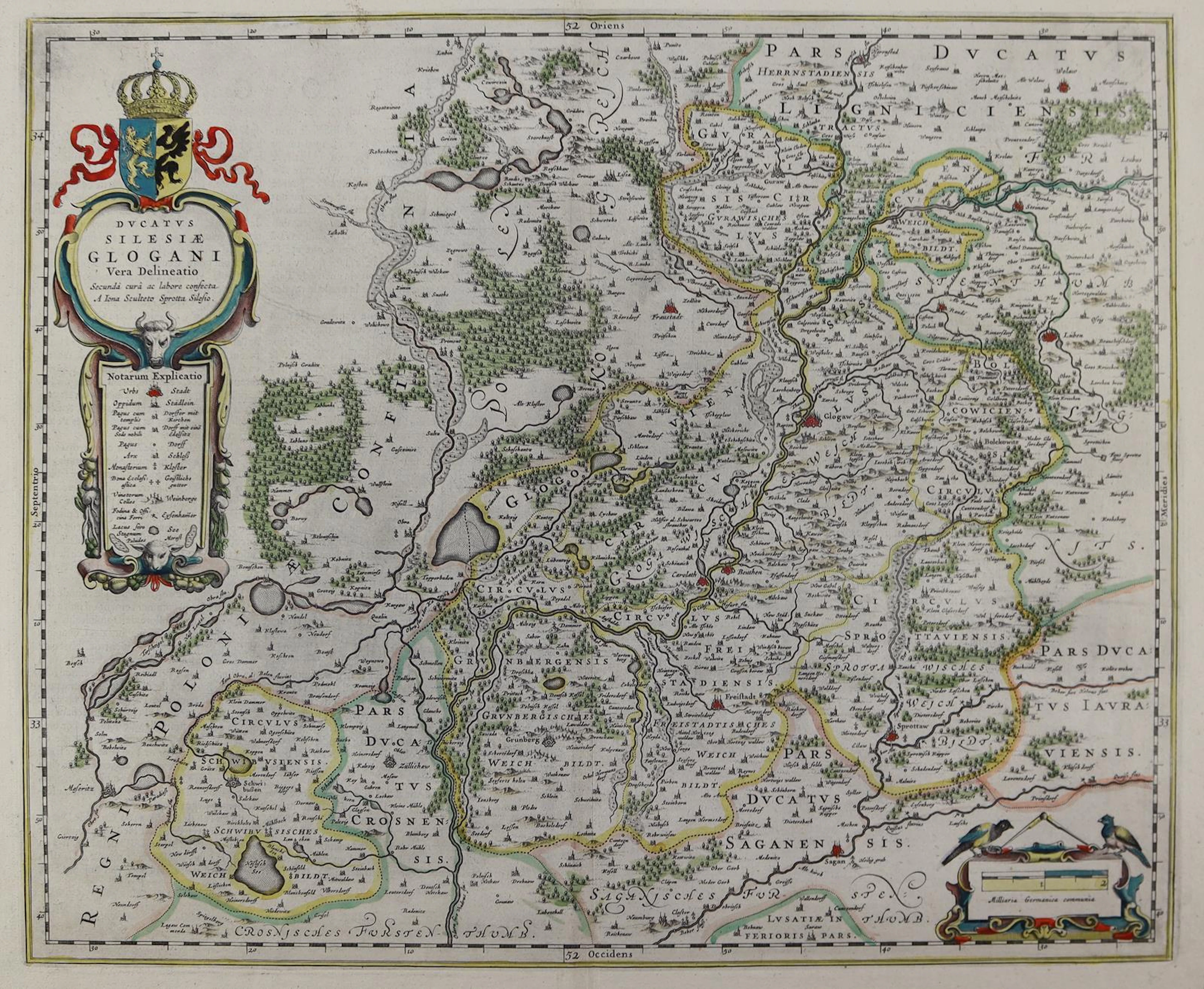 Schlesien. Ducatus Silesiae Glogani vera desciptio. Altkolor. Kupferstichkarte.