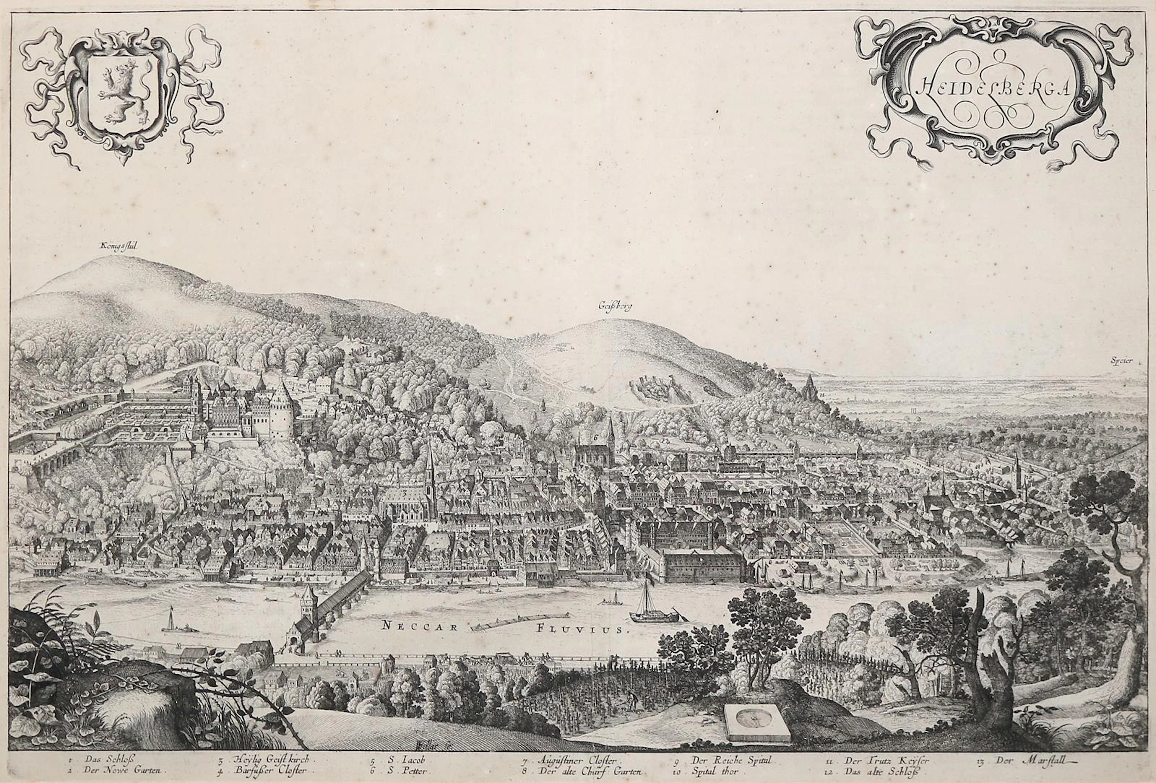 Heidelberg. Blick von einem Hügel über den Neckar auf die Stadt. Kupferstich