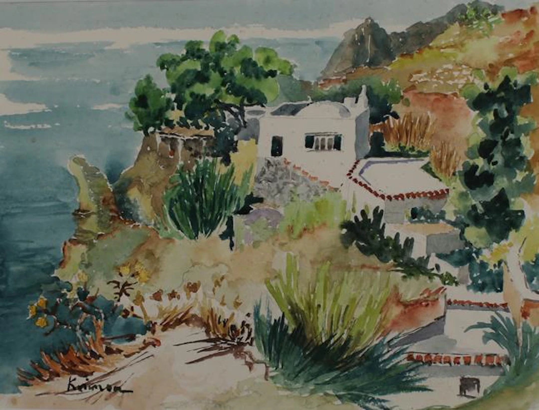 Mediterrane Landschaften. 3 Aquarelle mit Bleistift auf Papier. Je