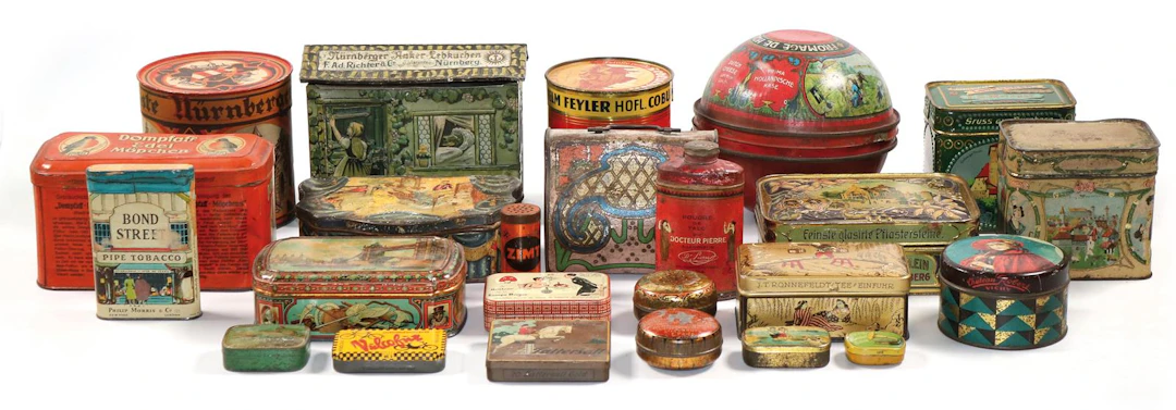 Blechdosen, Werbedosen. Sammlung von 39 historischen Blechdosen
