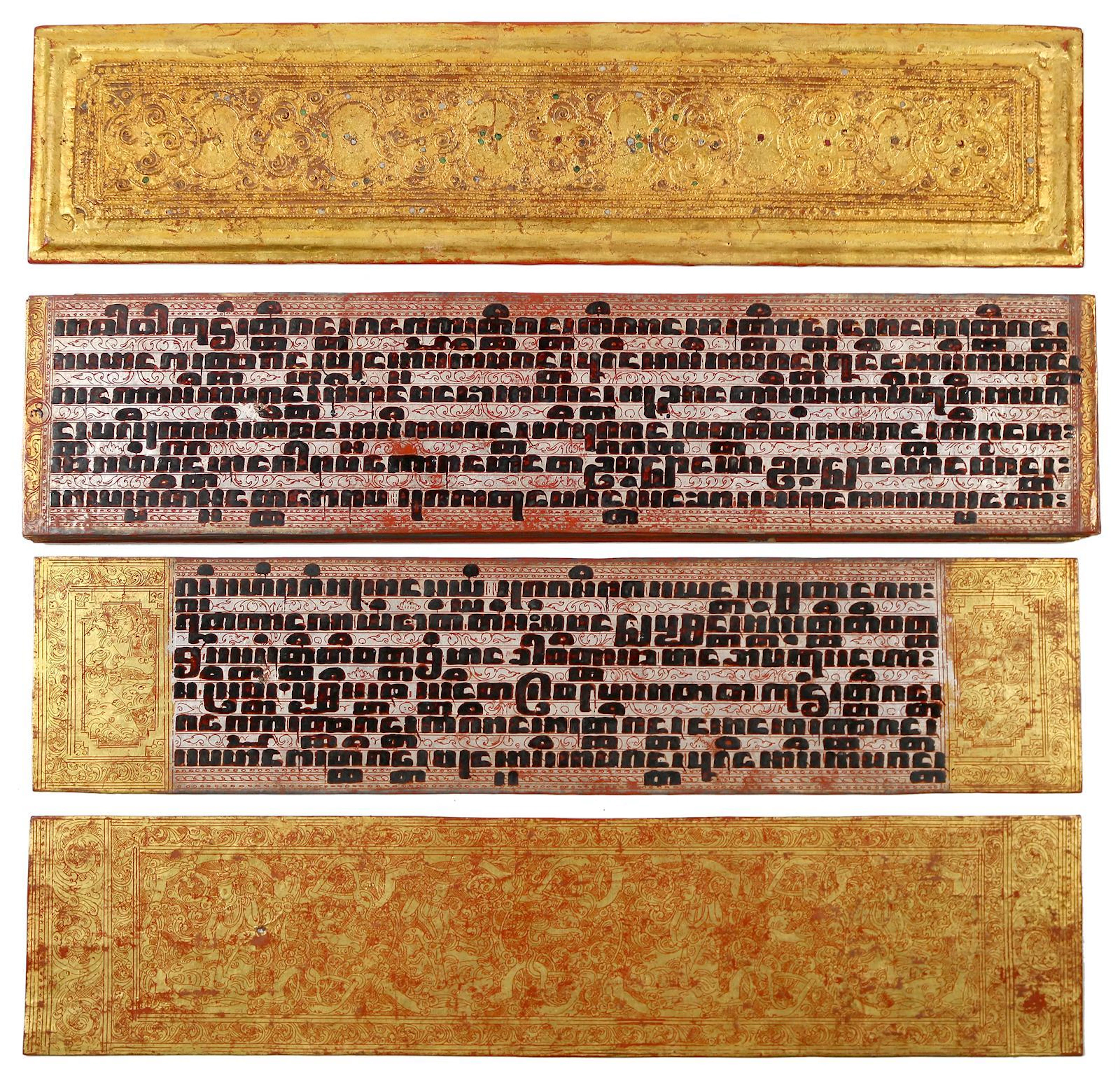Birmanische Kammavaca Handschrift auf mit Rotlack überzogenen Palmblättern