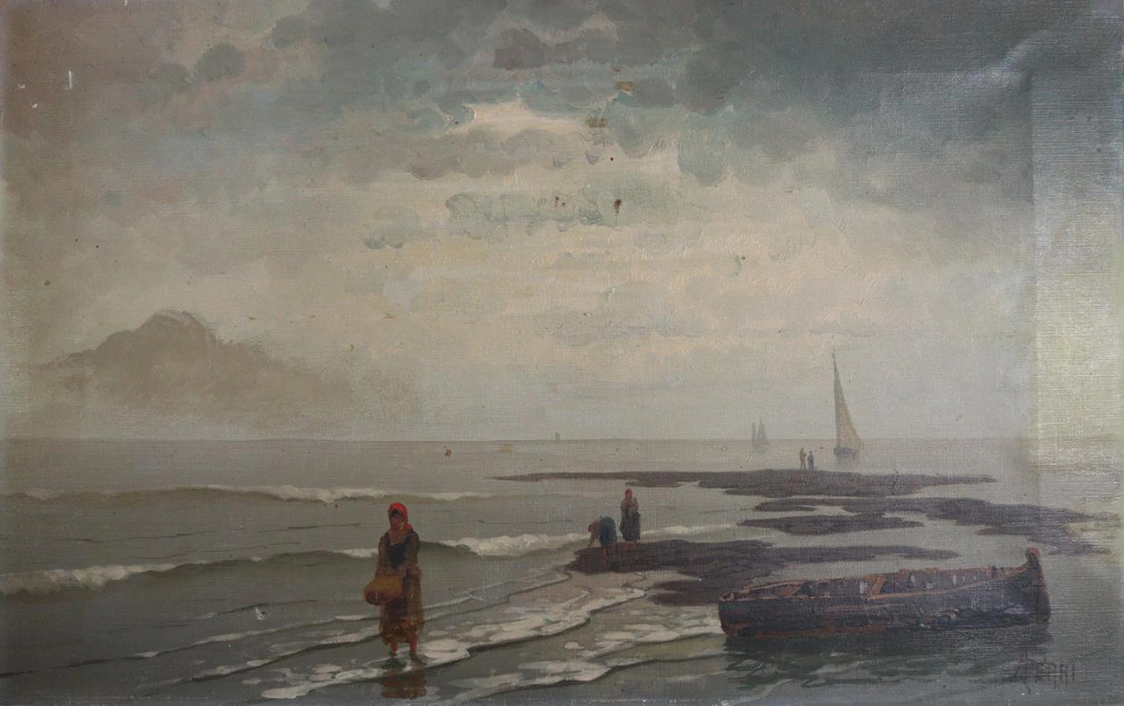 Ferri, Augusto (1829-1895). Fischerinnen. Öl / Leinwand (19. Jh.). 35 x 55