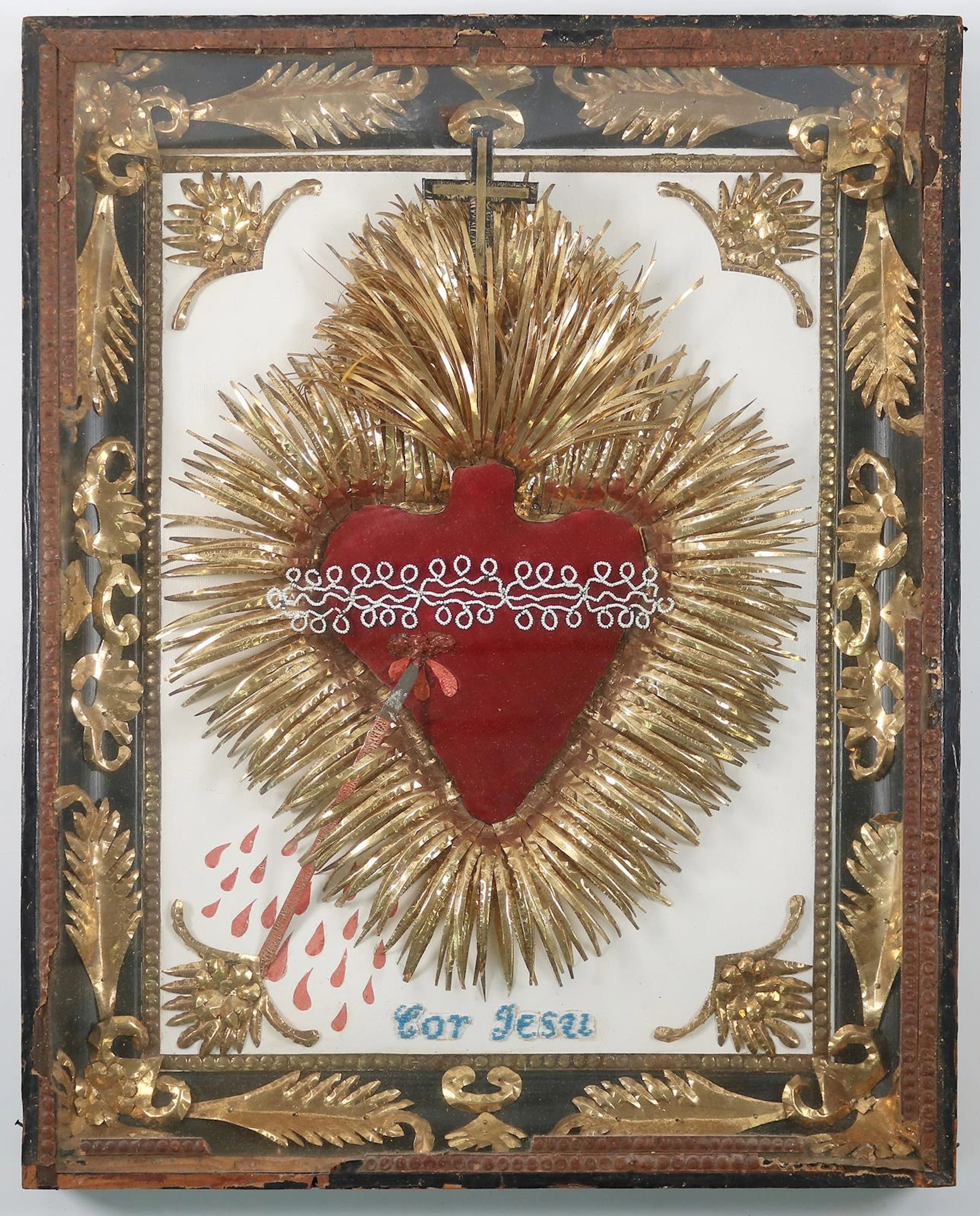 Klosterarbeit. 19.Jh. Prachtvolle Arbeit mit dem Herzen Jesu das von
