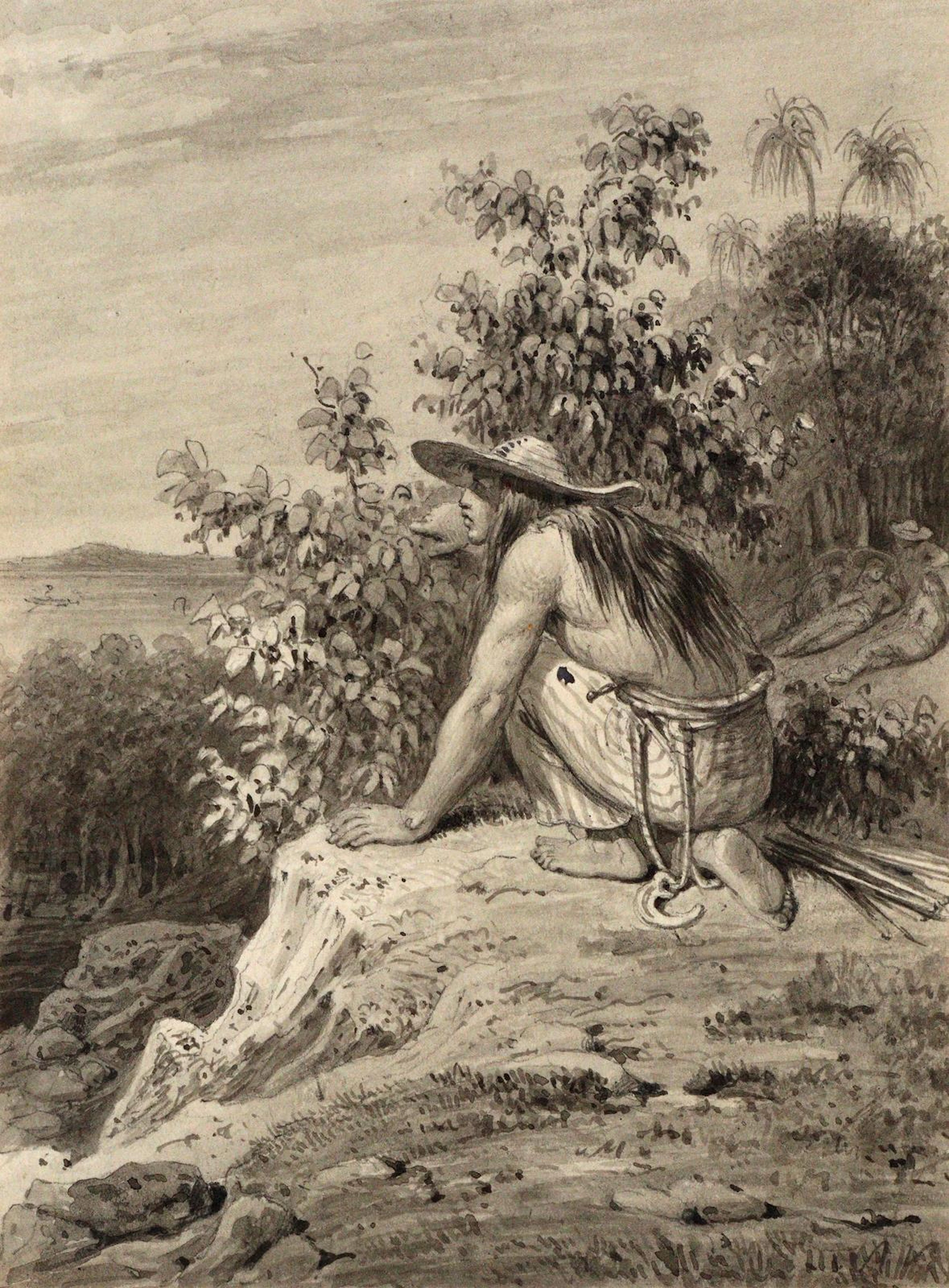 Dayak auf Borneo. 2 Bll. Originalzeichnungen. Entwürfe für Stahlstiche
