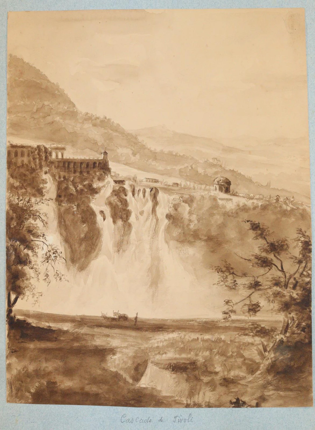 Rom. Wasserfälle von Tivoli bei Rom. Originalzeichnung C. Wise. Sepia