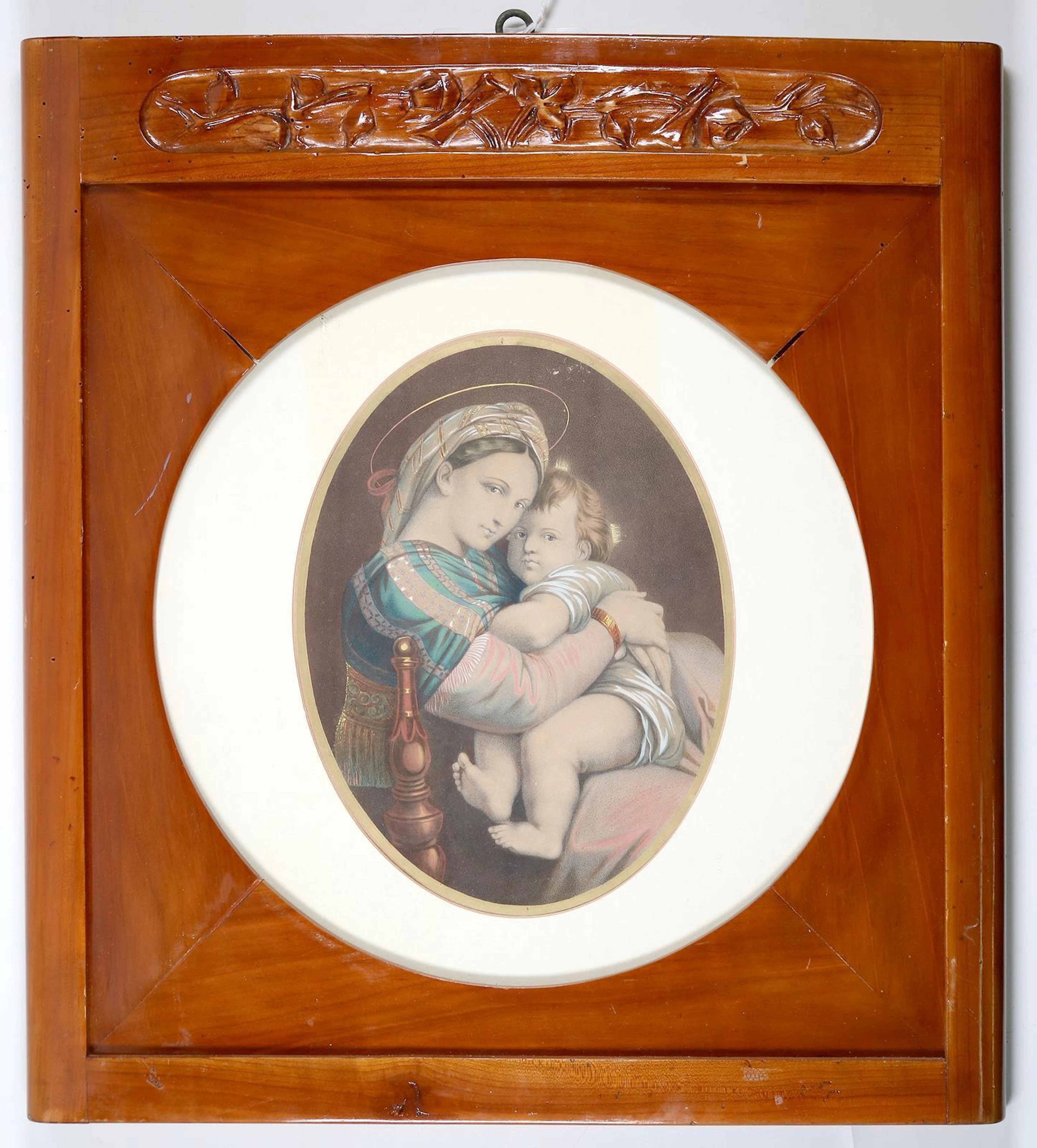 Präraffaelitische Madonna mit dem Christuskind. 19. Jh. Ovale Farblithogr.