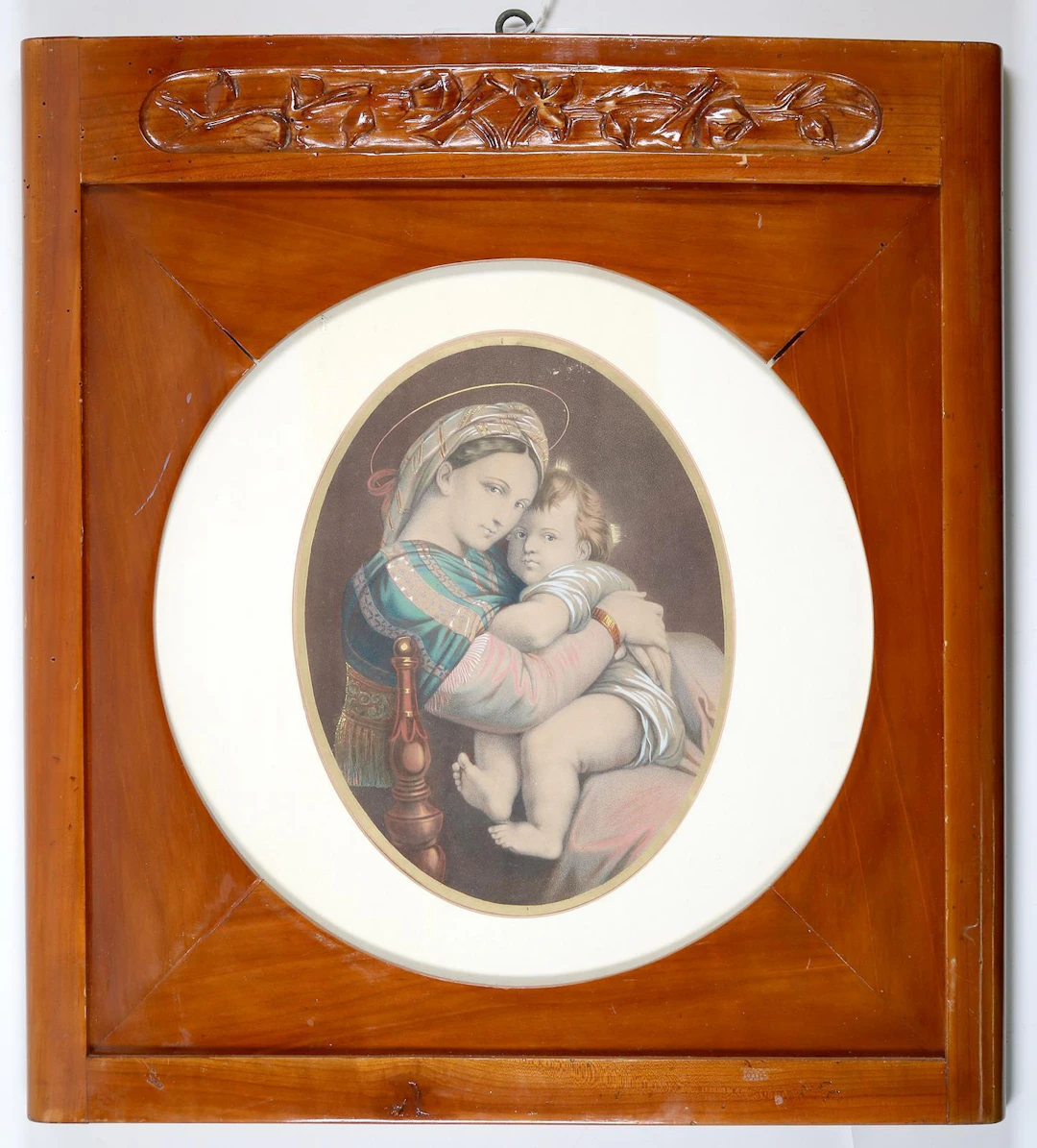Präraffaelitische Madonna mit dem Christuskind. 19. Jh. Ovale Farblithogr.