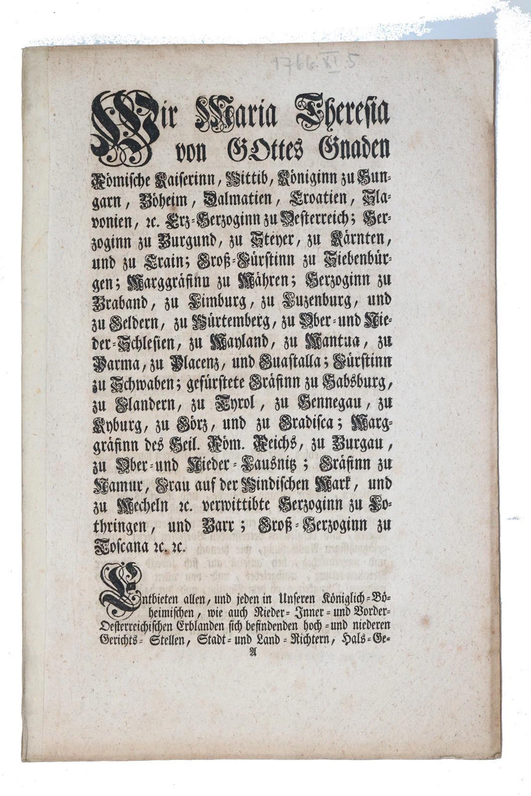 Maria Theresia, Erzherzogin von Österreich. Artikel von der Zauberey