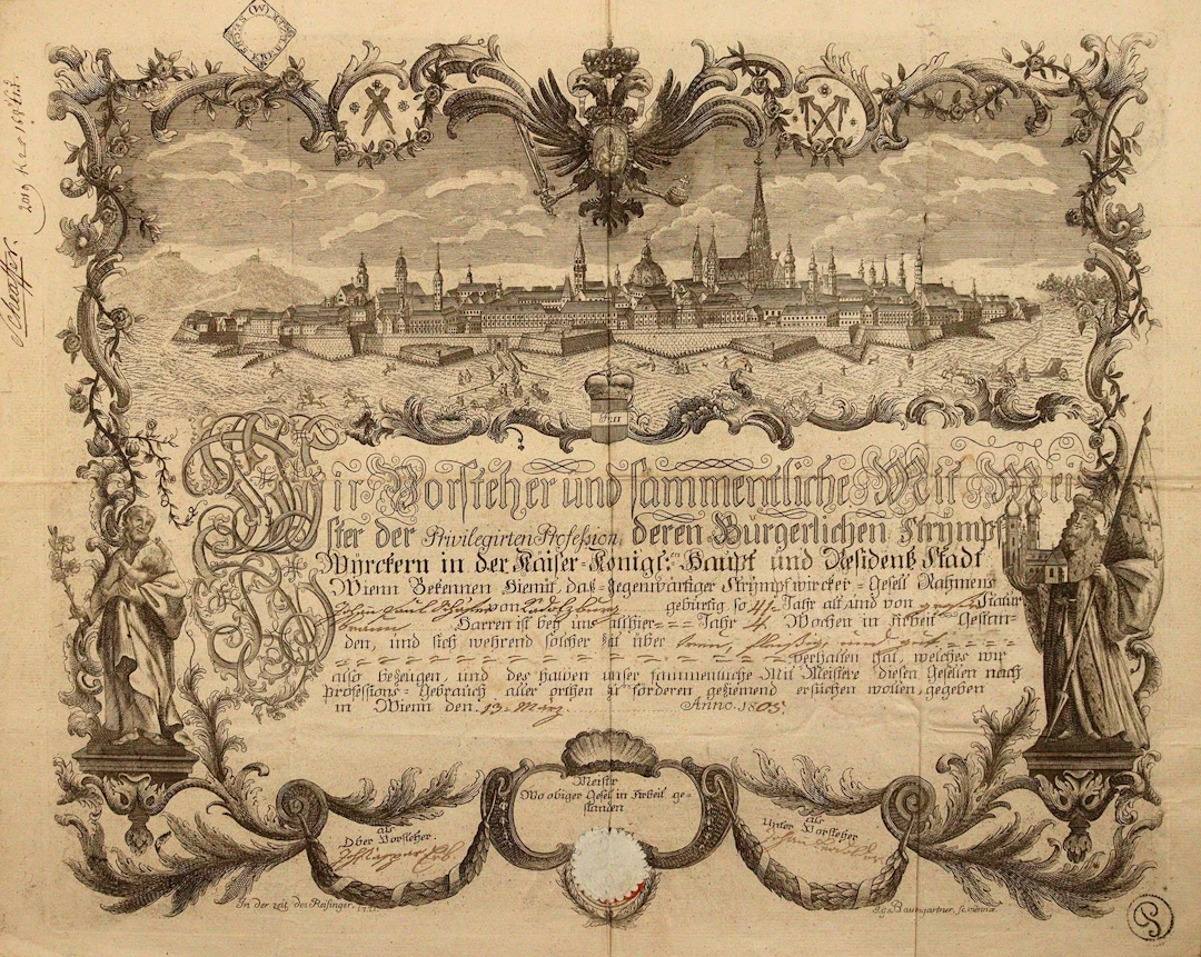 Gesellenbrief für den Strumpfwirker-Gesellen Johann Paul Schäfer aus