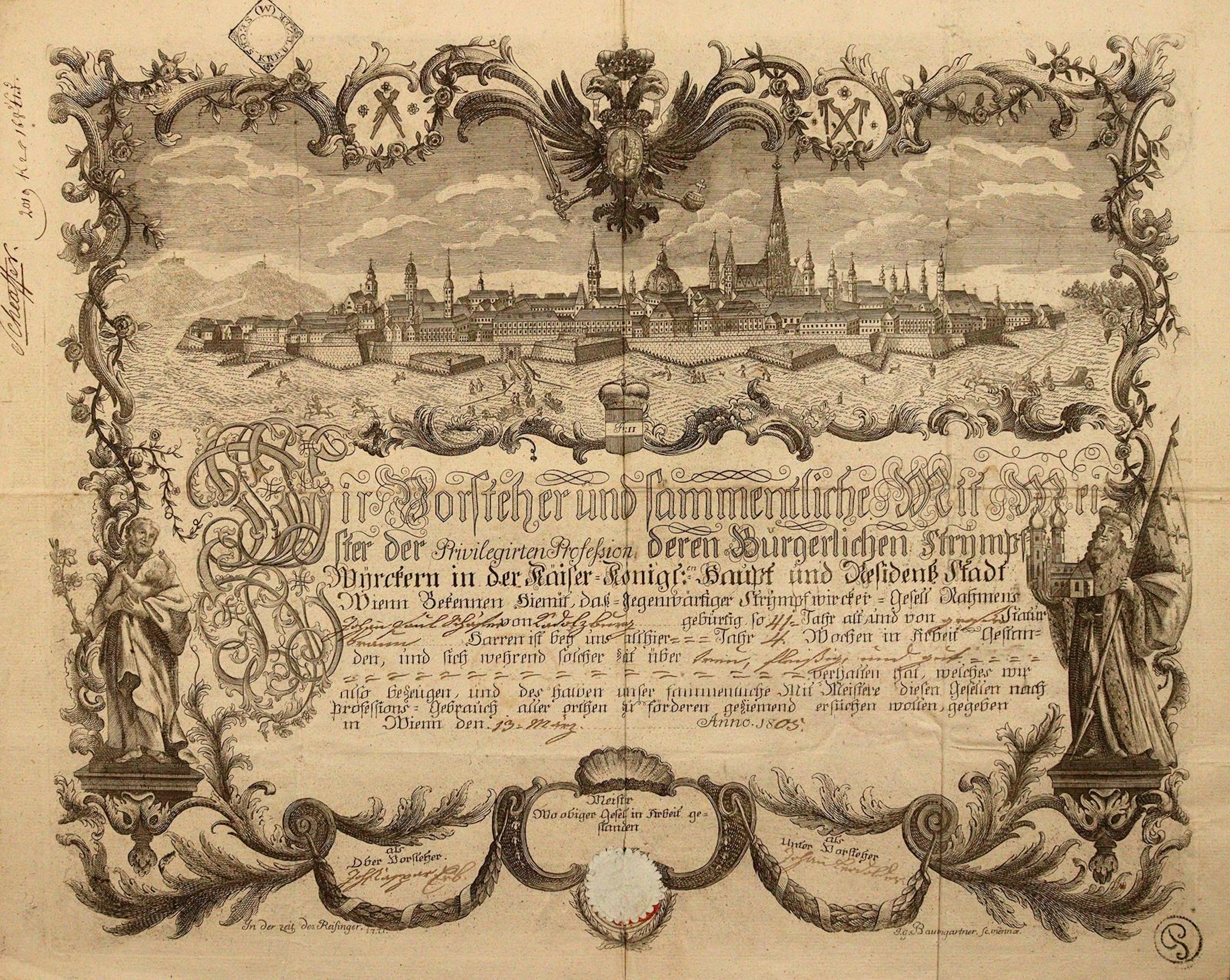 Gesellenbrief für den Strumpfwirker-Gesellen Johann Paul Schäfer aus