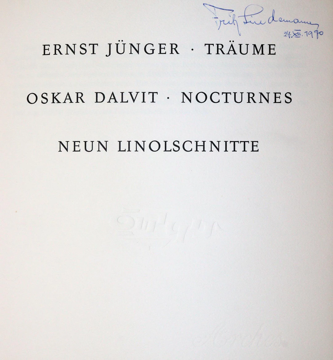 Jünger,E. Träume. Nocturnes. (Arbon 1970). Kl.4°. Mit 9 (8 auf schwarzen