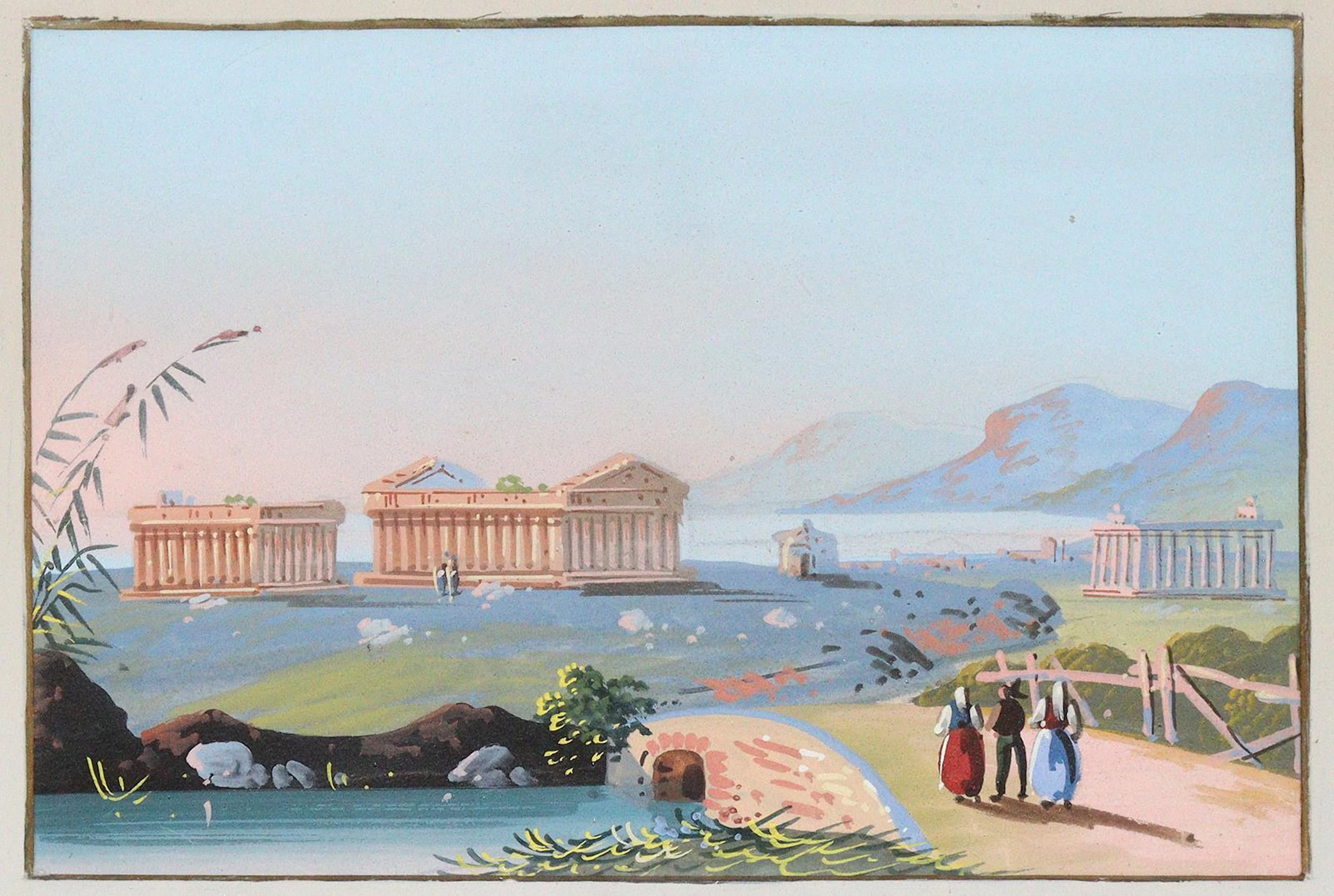 Paestum. Vedute mit Küste und Tempeln. Italienische Schule