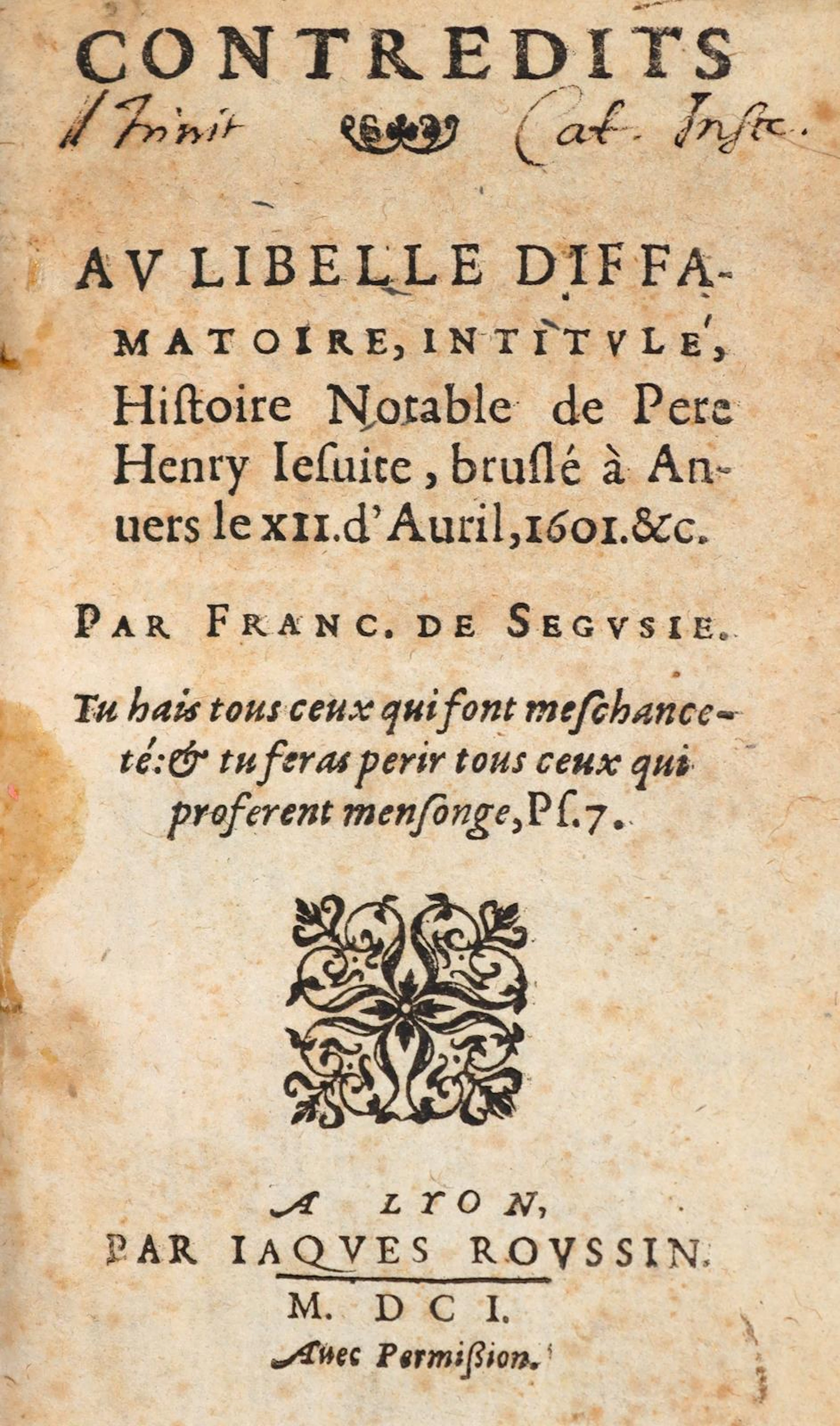 Segusie,F.de. Contredits au libelle diffamatoire