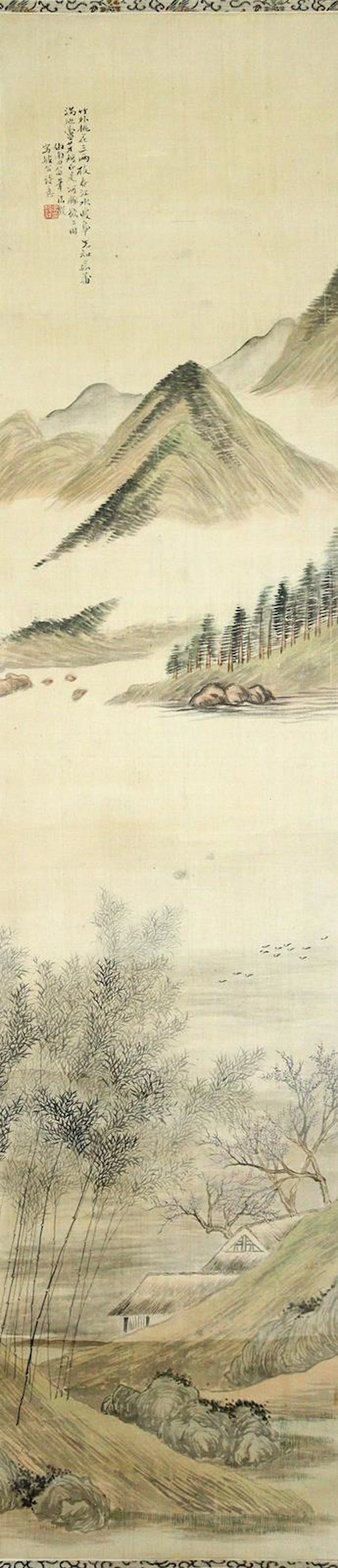 Rollbild. Chinesische Tuschzeichnung auf Seide. Bäume und Häuser an