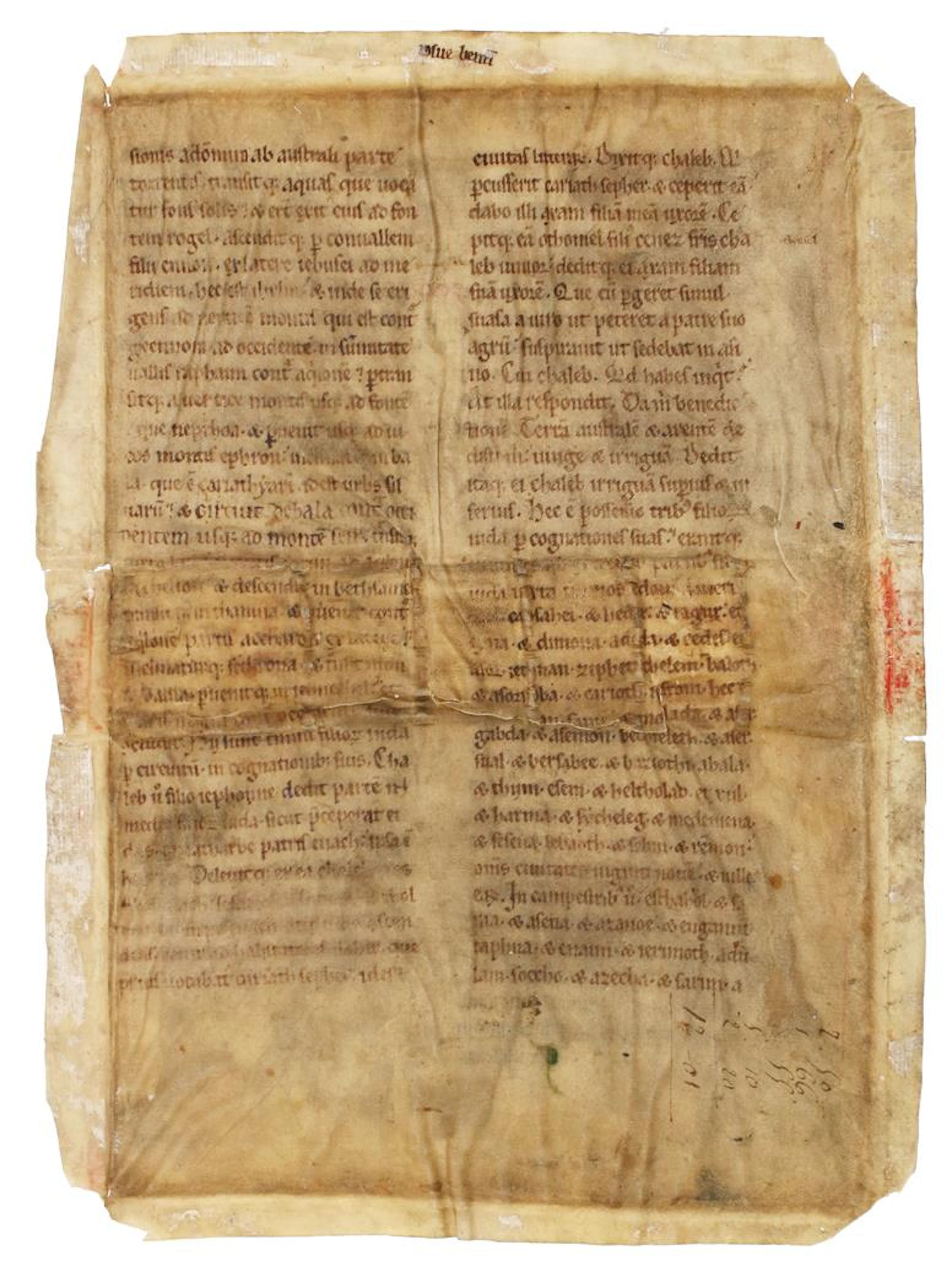Handschrift auf Pergament. Blatt aus dem Buch Josua auf Pergament