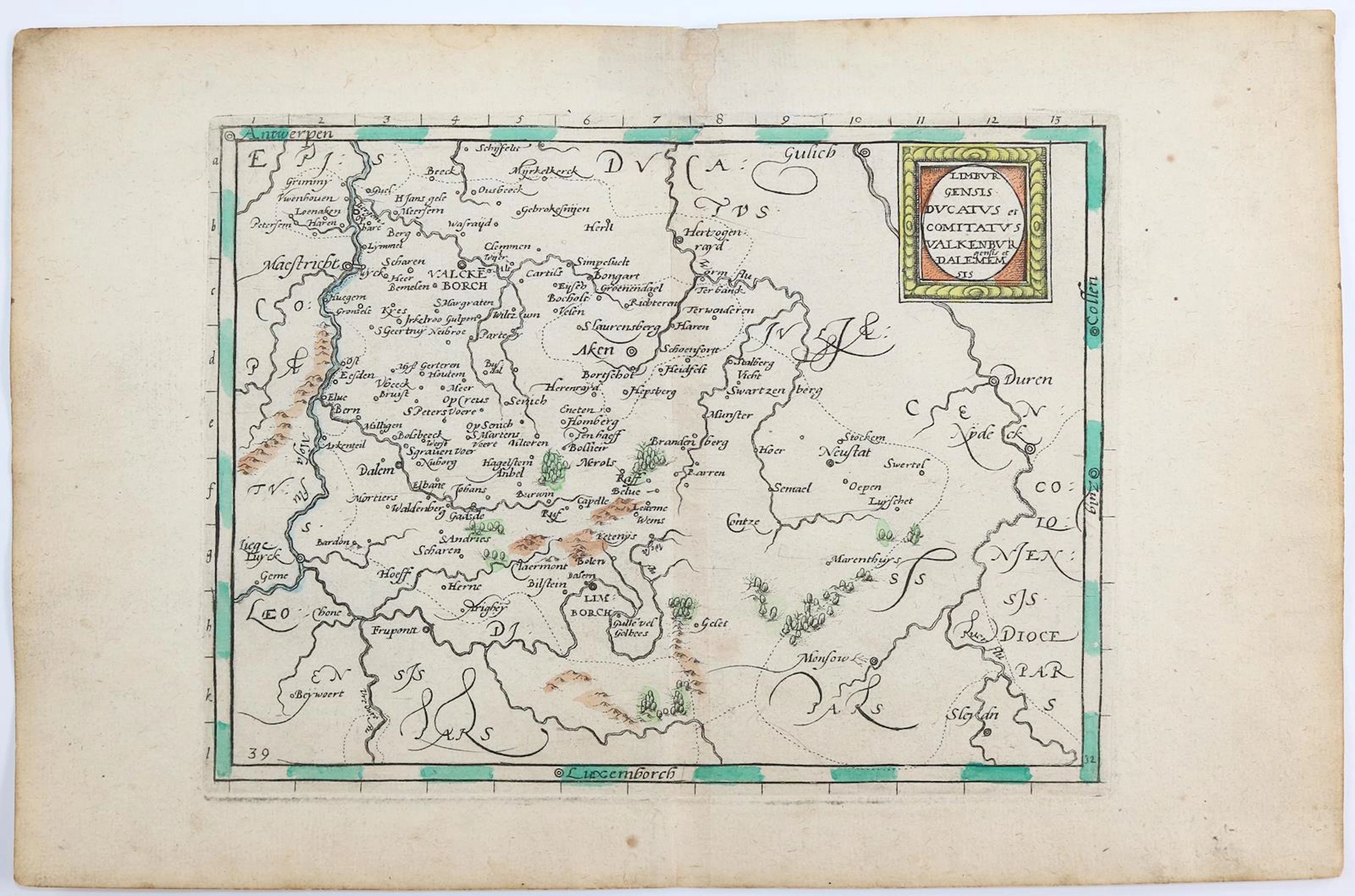 Limburg. Teilkolor. Kupferstichkarte aus "Itinerarium Orbis Christiani".