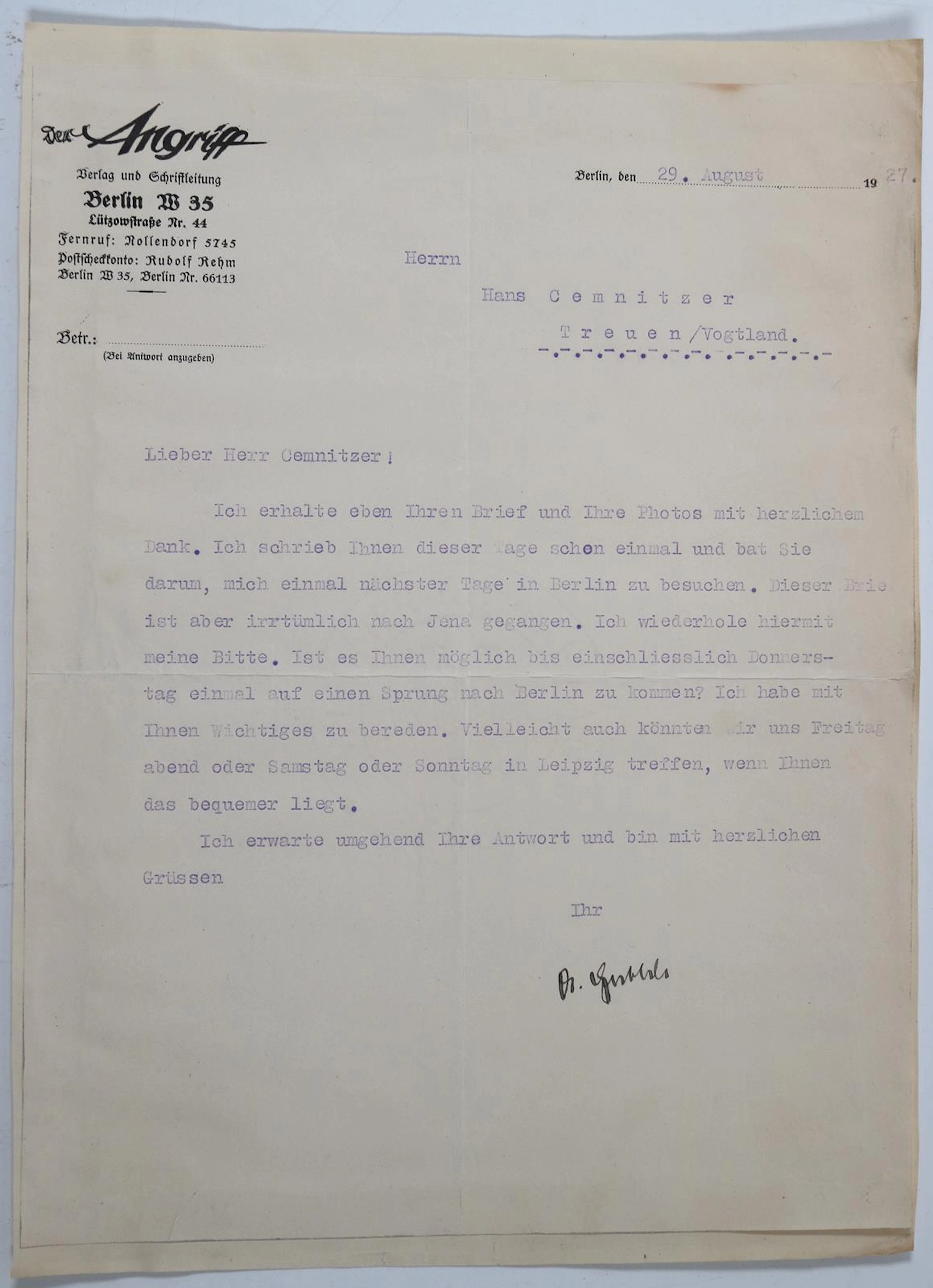 Goebbels, Joseph. Ms