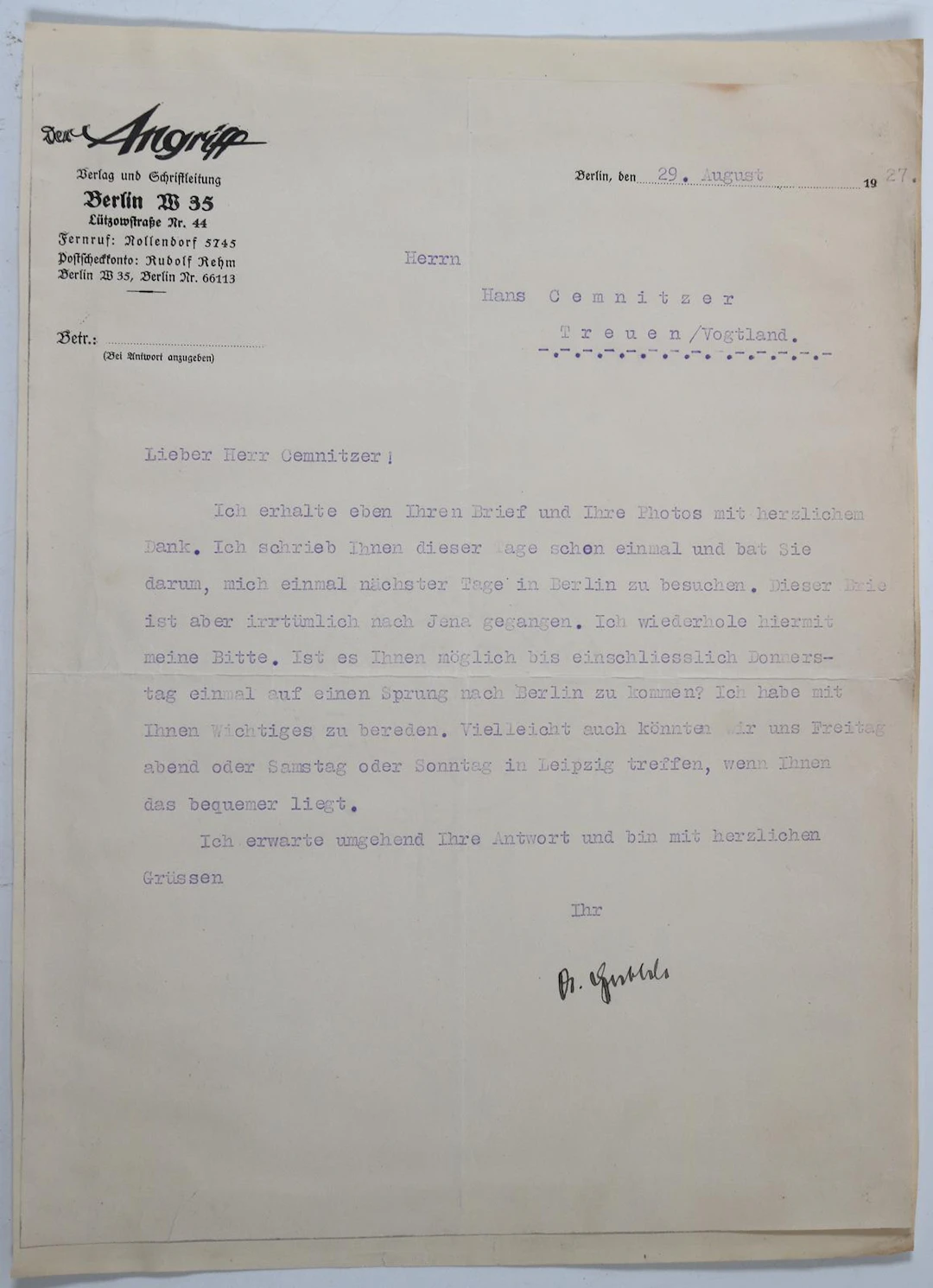 Goebbels, Joseph. Ms