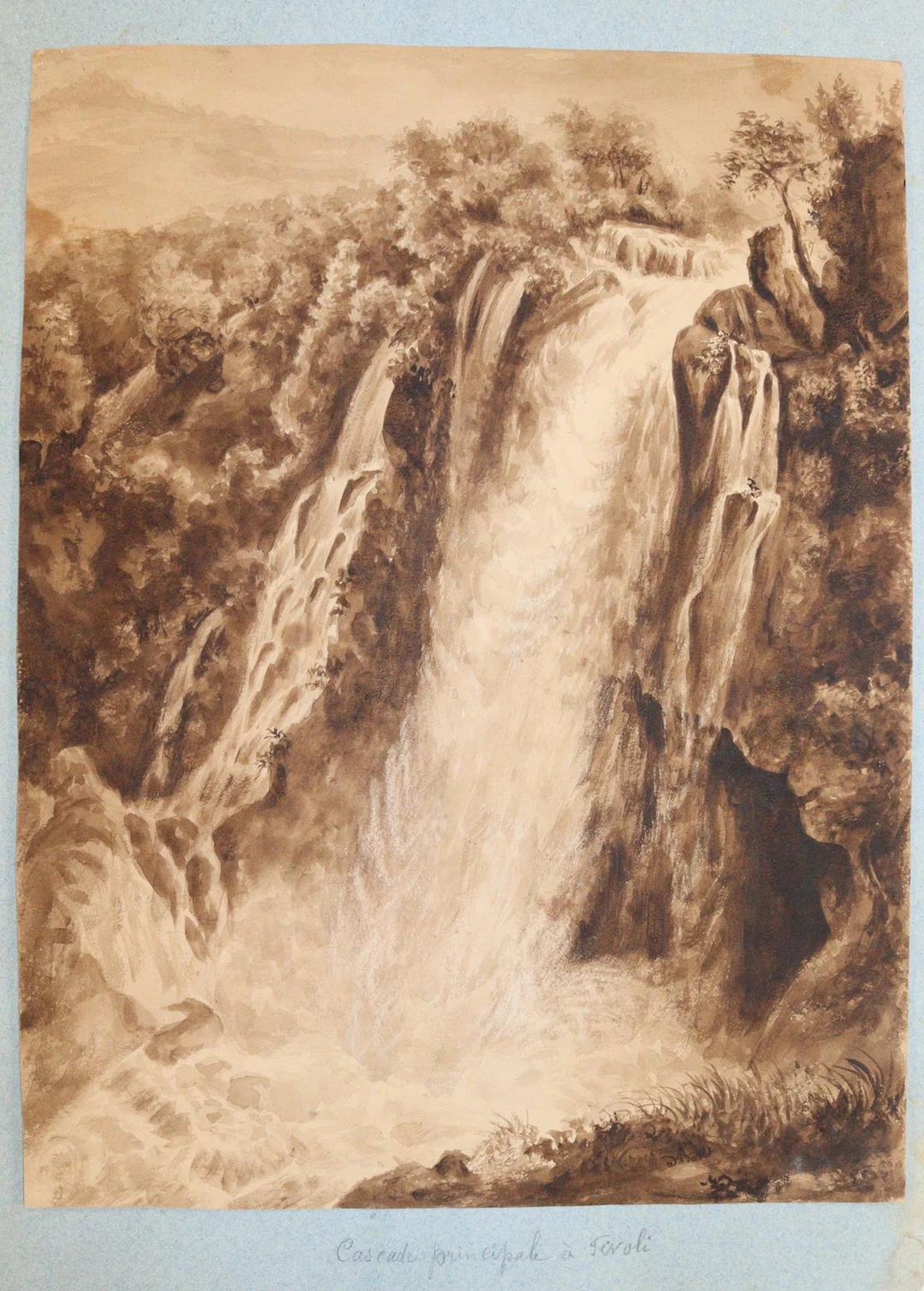 Rom. Cascade Principale von Tivoli bei Rom. Originalzeichnung C. Wise.
