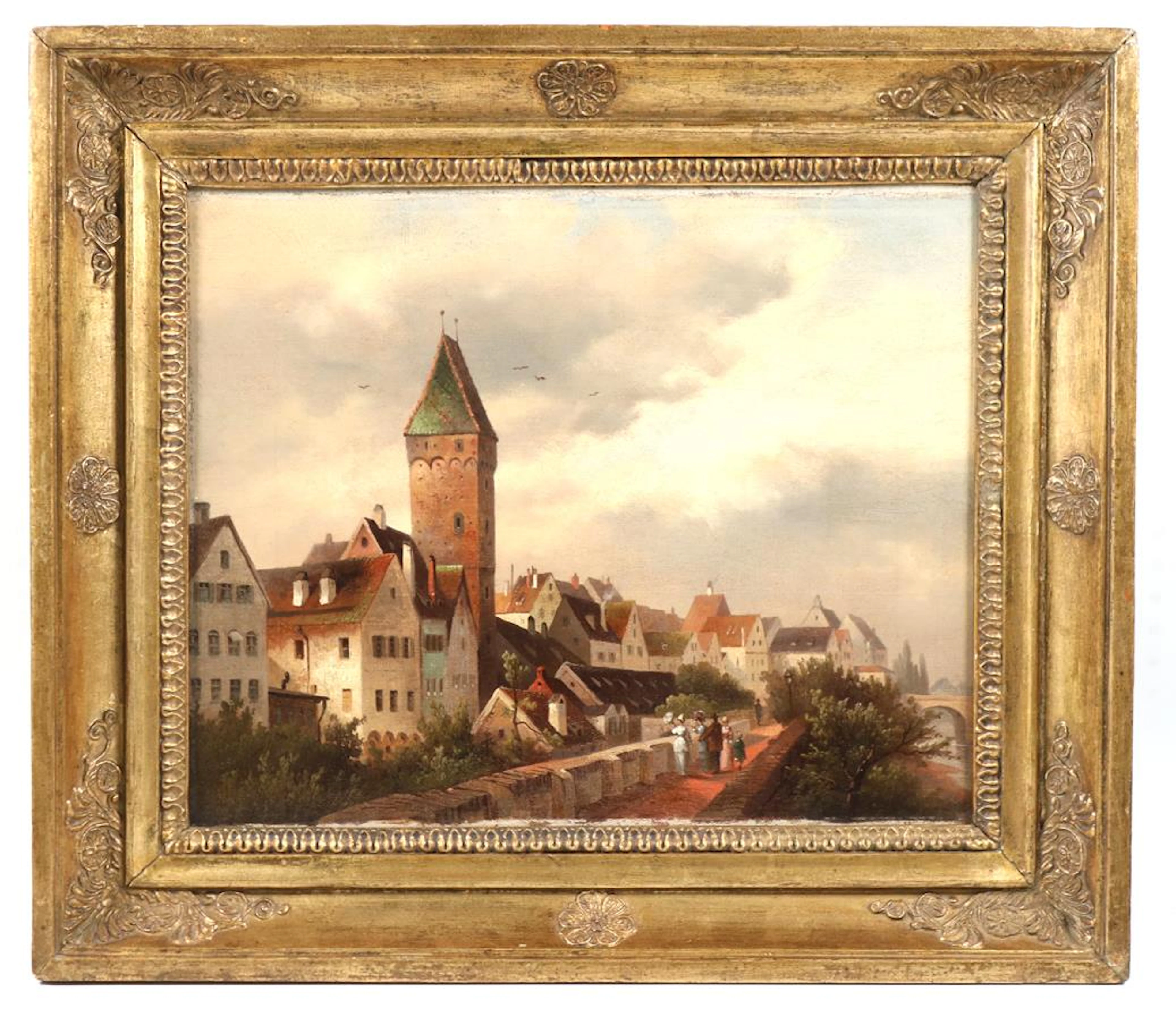 Ulm. Blick von der Ulmer Stadtmauer auf den Metzgerturm. Öl auf Lwd./Holz