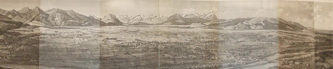 Panorama, anonyme Aquatinta. Um 1840. 14 x 132